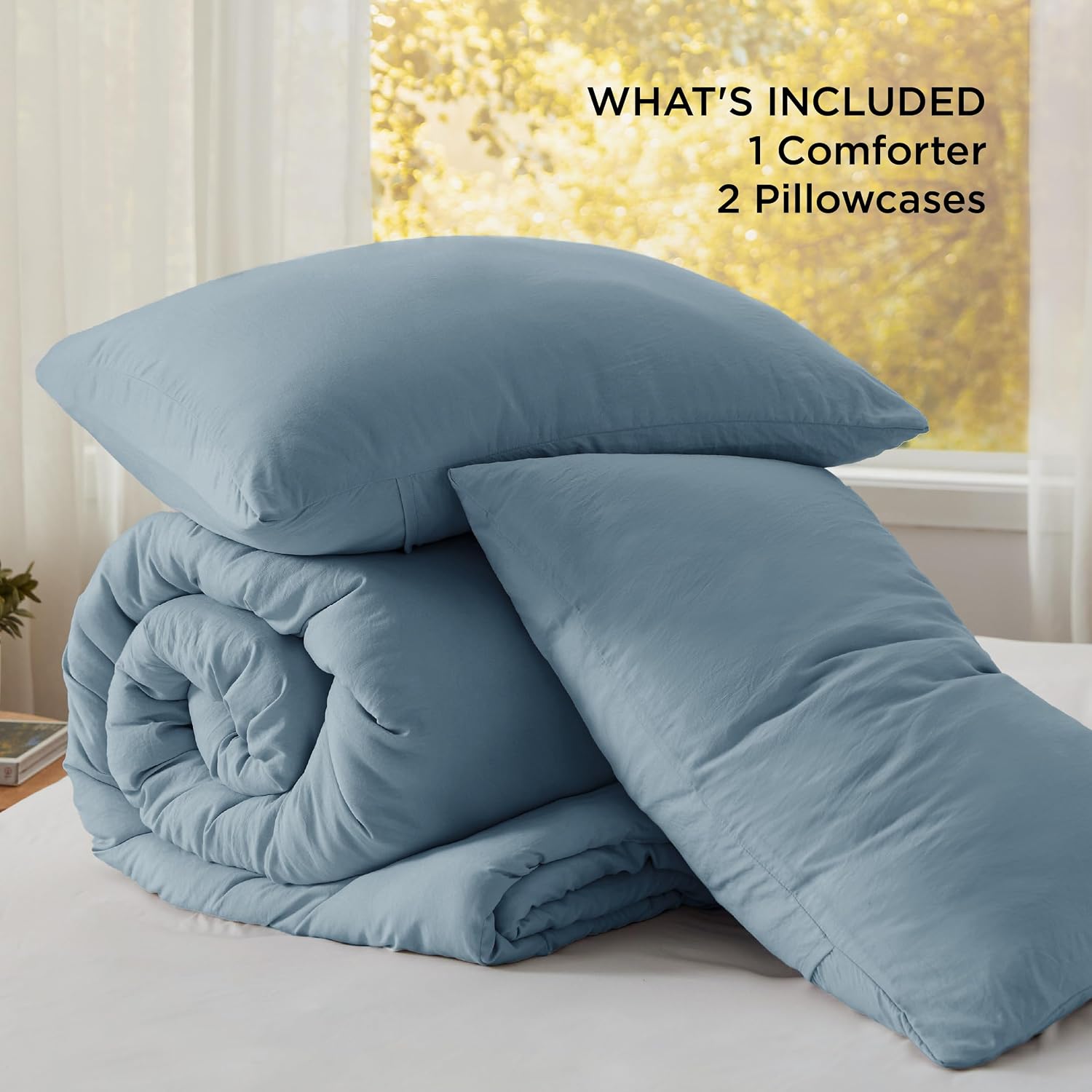 Detalle de Bedsure BB349B2 Full Comforter Set, Grayish Blue, 3-Piece Prewashed Bedding