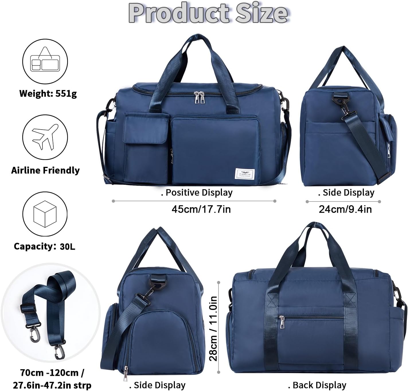 Detalle de FIORETTO Gym Bag with Wet Pocket and Shoe Compartment – 30L, Foldable & Water-Resistant