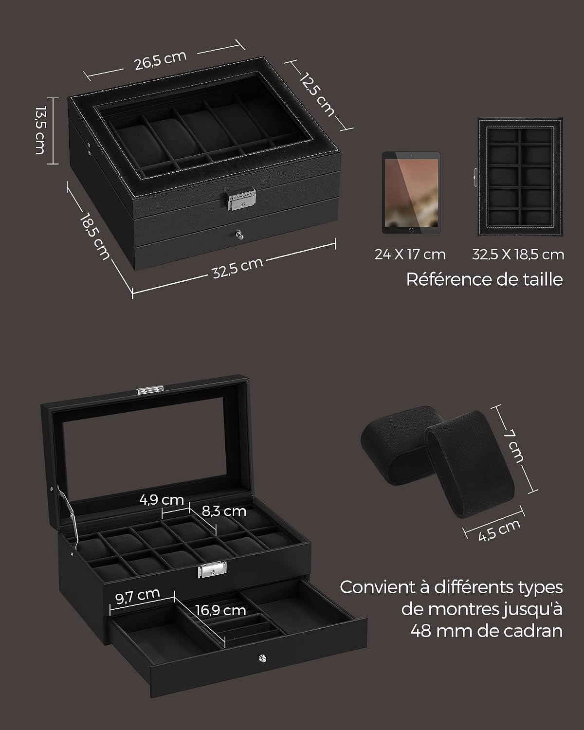 Thumbnail 5 de SONGMICS Boîte à Montres 12 Emplacements JWB012B03