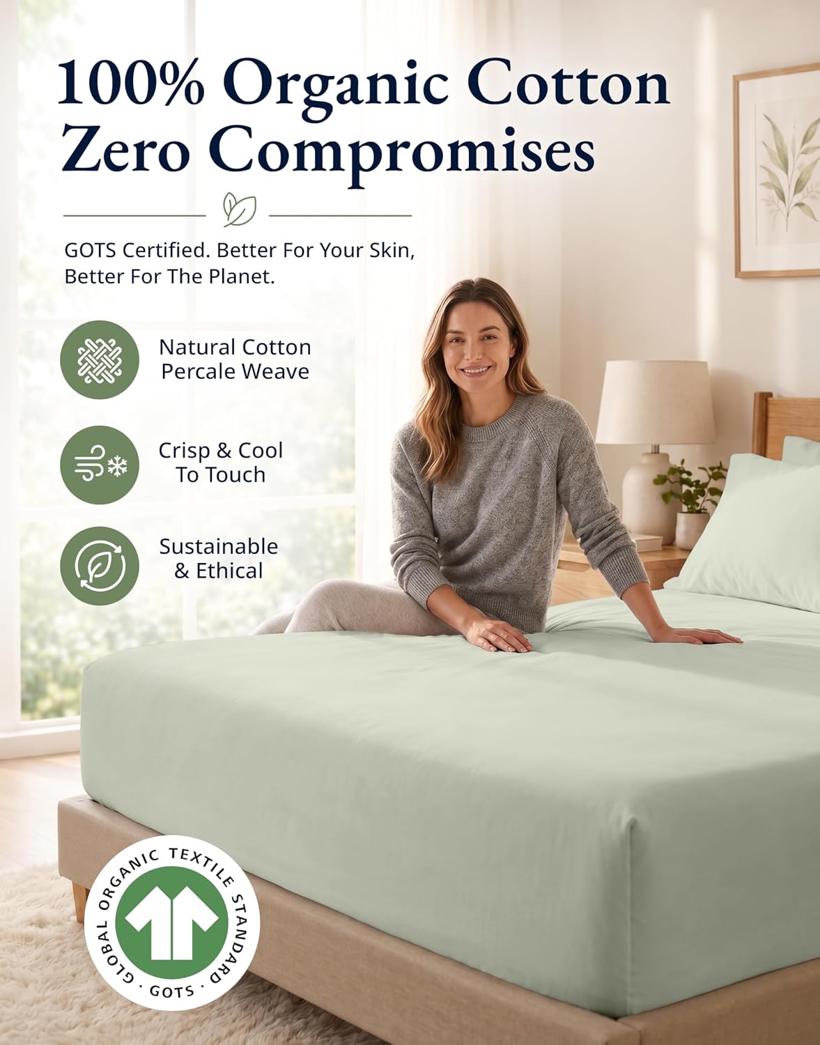 Detalle 1 de LANE LINEN OGN160FS-QN-MIN Queen Fitted Sheet Set, Organic Cotton Percale, 15" Pocket