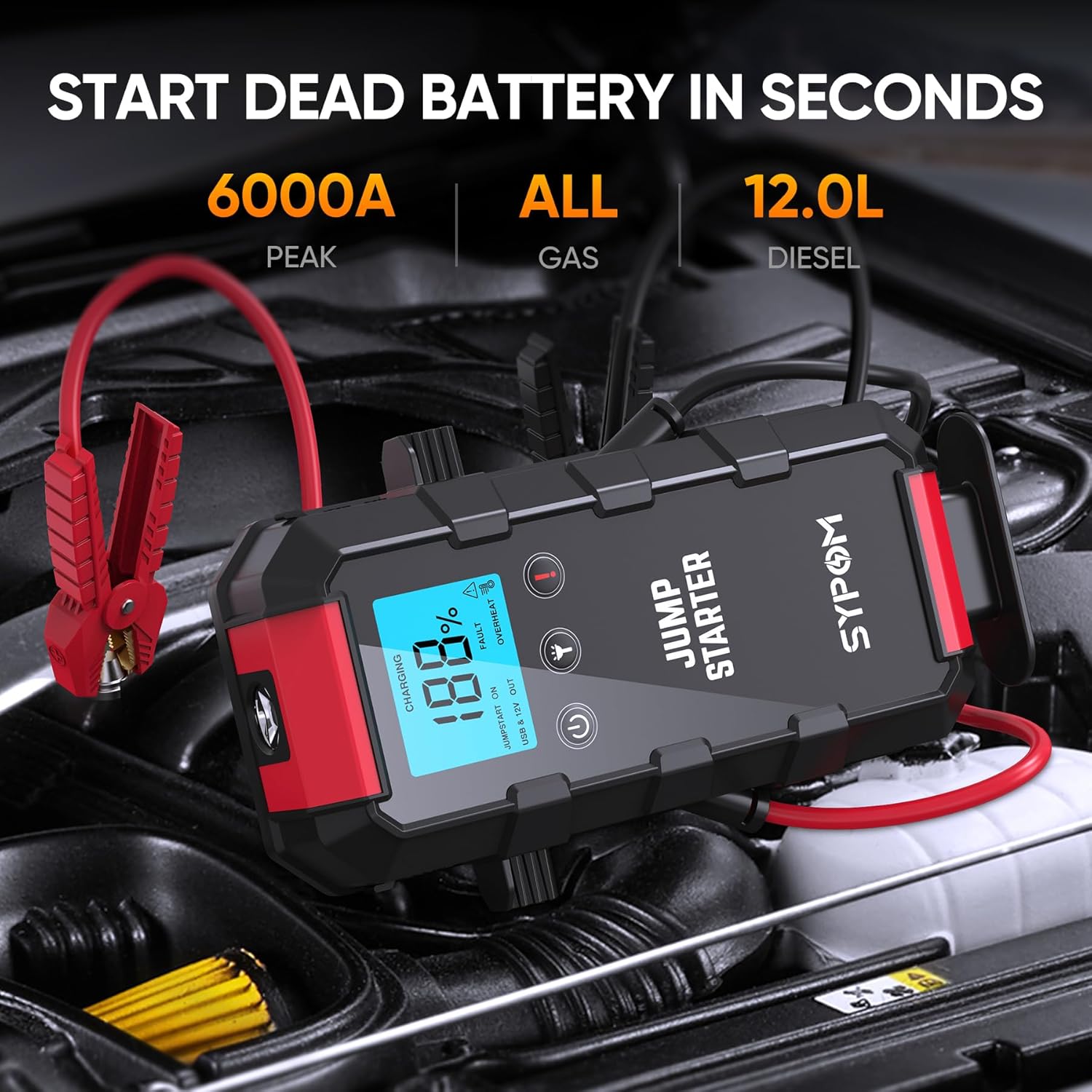 Detalle de SYPOM Démarreur de batterie automatique 6000 A — Booster 4 en 1 (12 V)