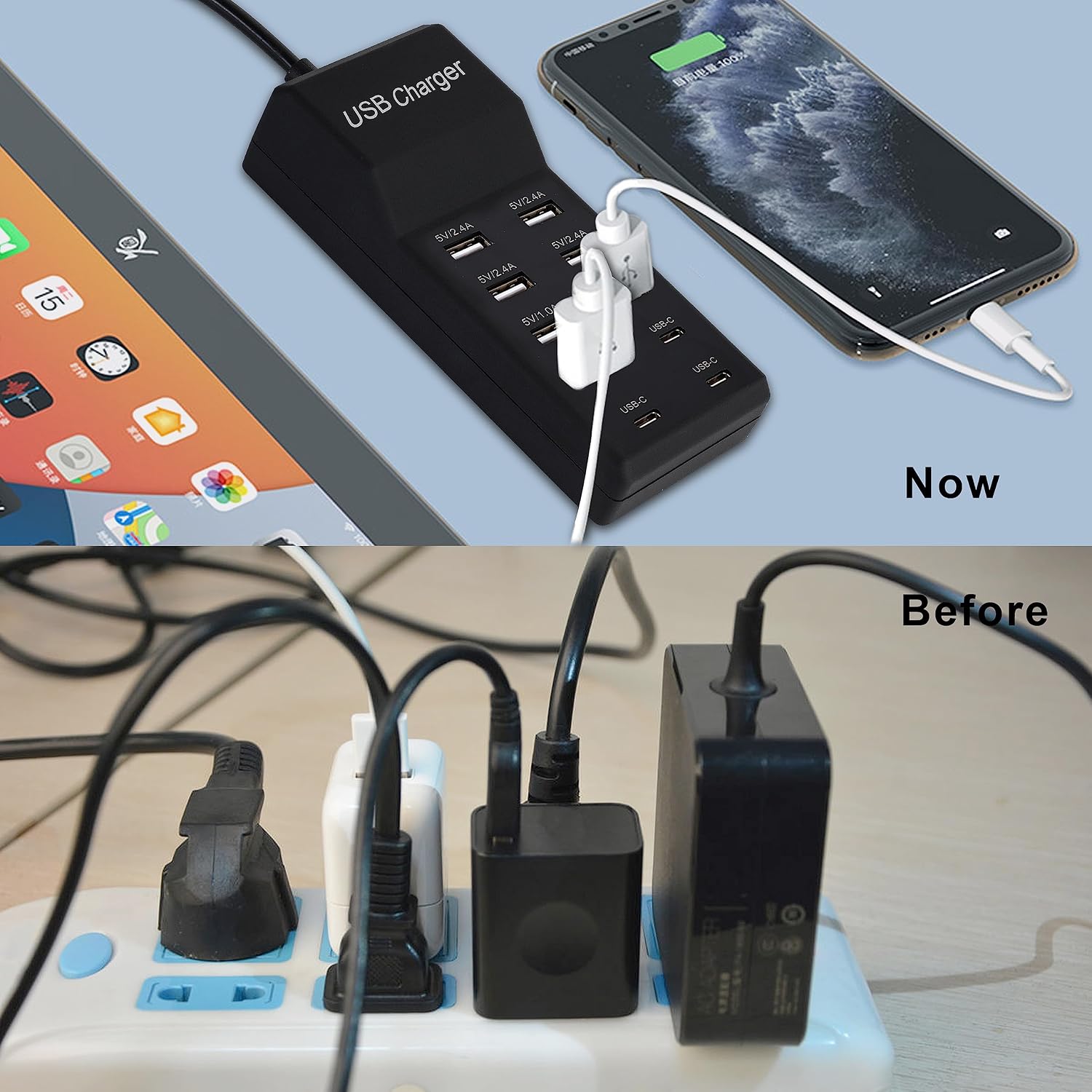 Detalle 2 de Wyssay 50W 10-Port USB Charging Station (4 USB-C + 6 USB-A) for iPhone, iPad, AirPods & more