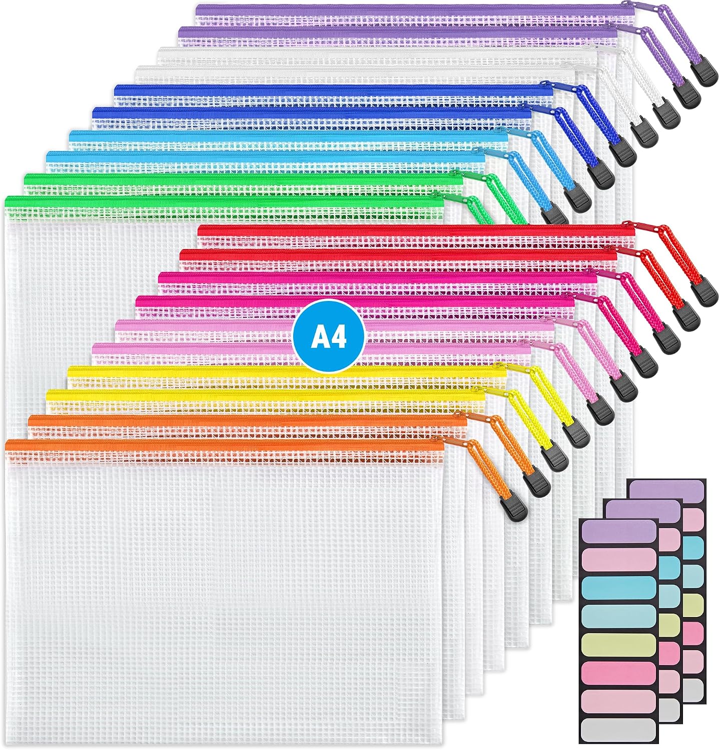 Detalle de JARLINK A4 Mesh Zipper Pouches, 20-Pack, PVC, 10 Colors