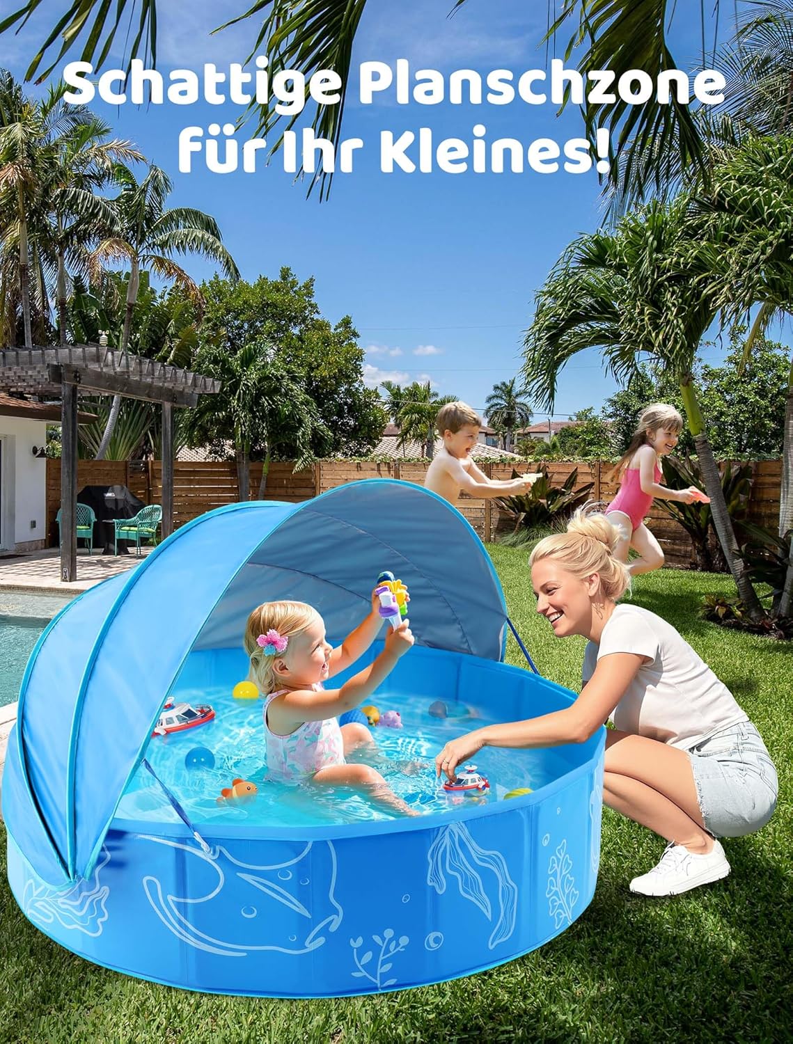 Thumbnail 6 de Hikiddy Planschbecken mit Sonnendach (Pop-Up Splash Pool) in Blau – 120 cm