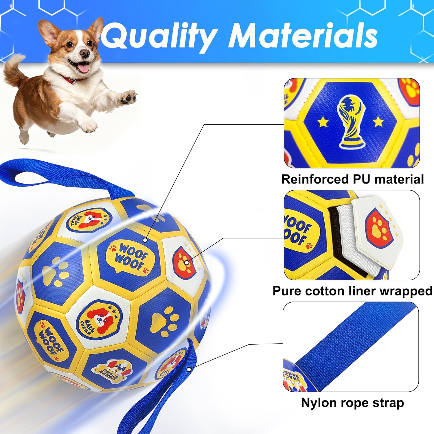 Detalle de Vivifying Fußball-Hundespielzeug 8 Zoll (World Cup Edition) mit Luftpumpe – interaktiver Ball für drinnen & draußen