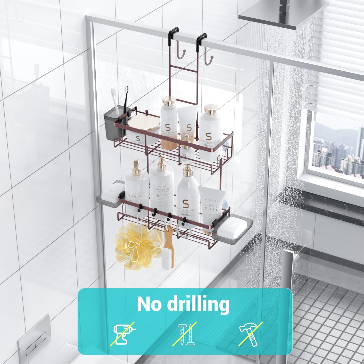 Thumbnail 3 de Aitatty Over the Door Hanging Shower Caddy (Bronze) — rustproof no-drill organizer with 4 suction cups