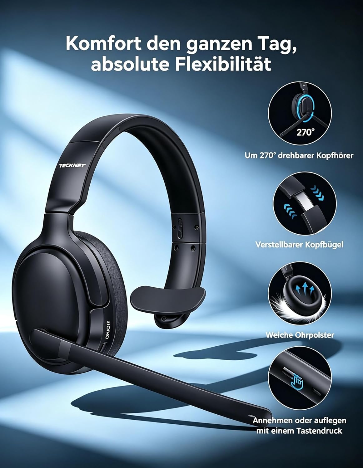 Thumbnail 5 de TECKNET Wireless Headset mit Noise Cancelling, Bluetooth 5.4 + 2,4-GHz Dual-Verbindung und Mikrofon (V5.4, Over-Ear, USB-C)
