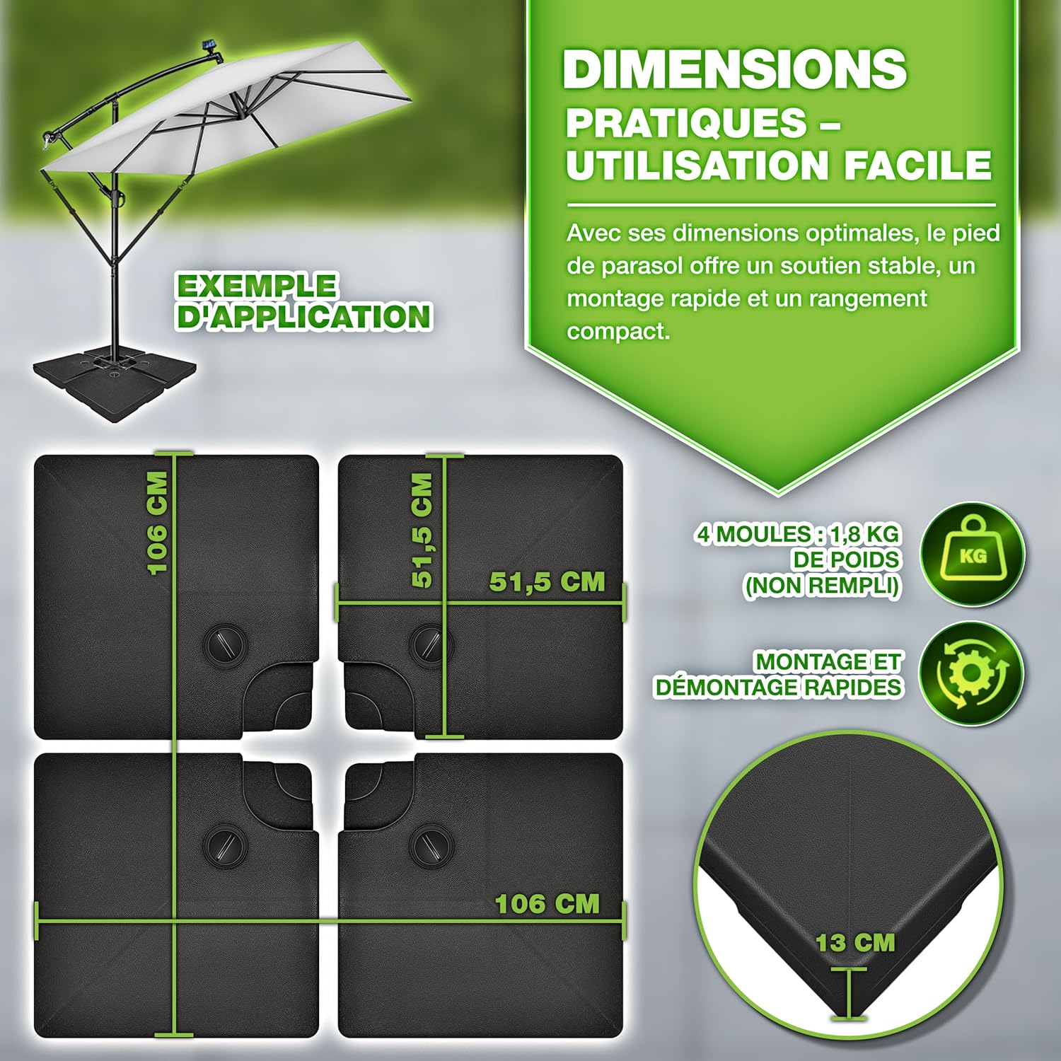Thumbnail 6 de tillvex Lestage & Dalles Carrées pour Parasol Déporté – Base à remplir 90 L d’eau / 120 kg de sable, 4 pièces