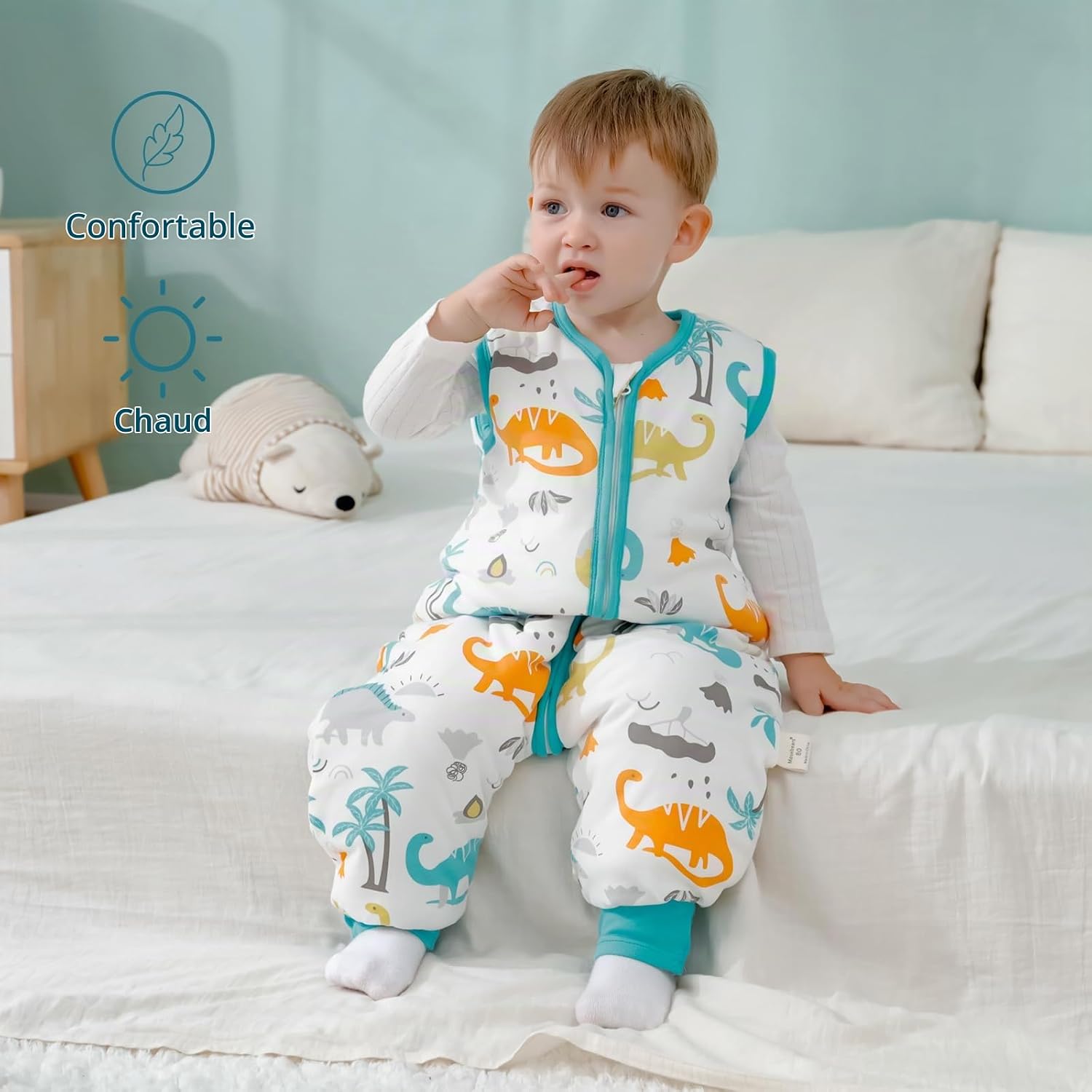 Detalle 1 de Mosebears babyslaapzak met voetjes, 2,5 tog, katoen, groene dinosaurusprint