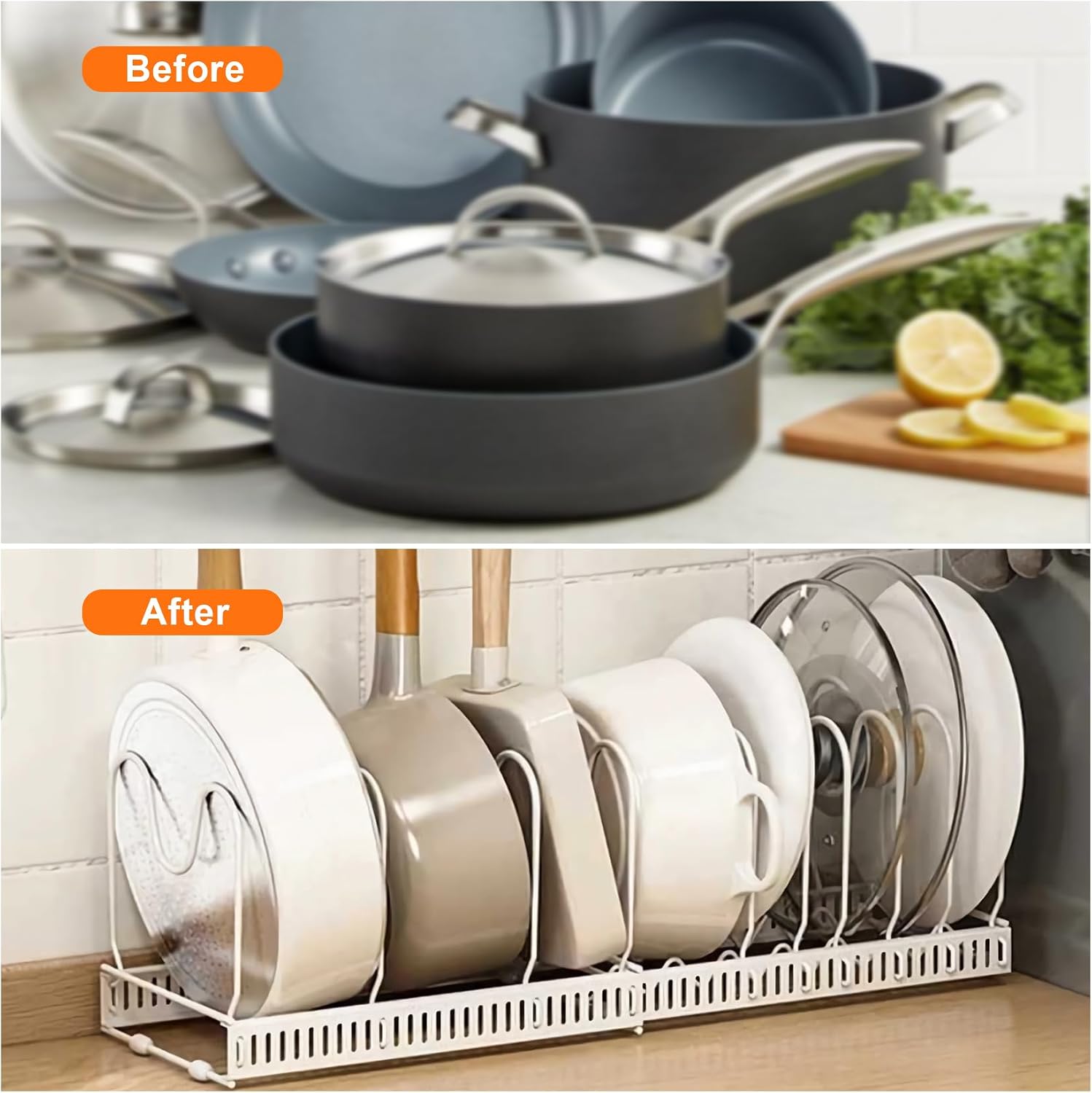Detalle de MENGCOOL Expandable Pans Organiser Rack with 10 Adjustable Dividers (White)