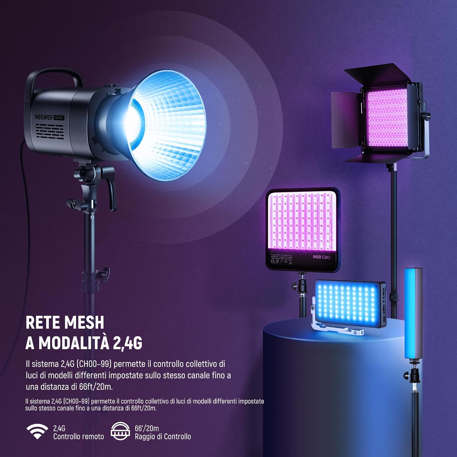 Detalle 2 de NEEWER CB100C Luce Video LED RGB 130W con controllo app e 2,4G, attacco Bowens