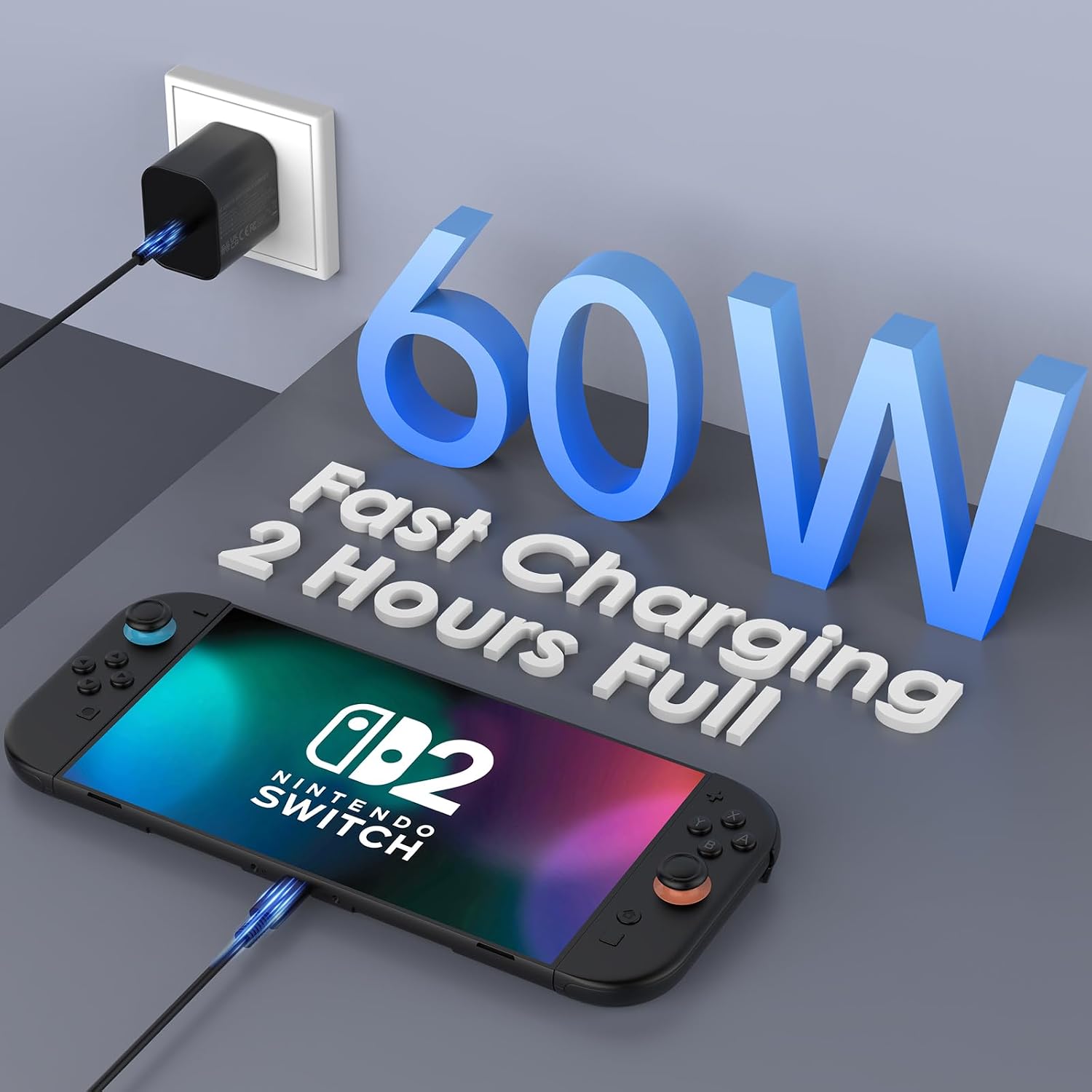 Detalle de 60W Charger for Nintendo Switch 2: Fast USB-C Charging for Switch 2, OLED, Lite, Steam Deck and More