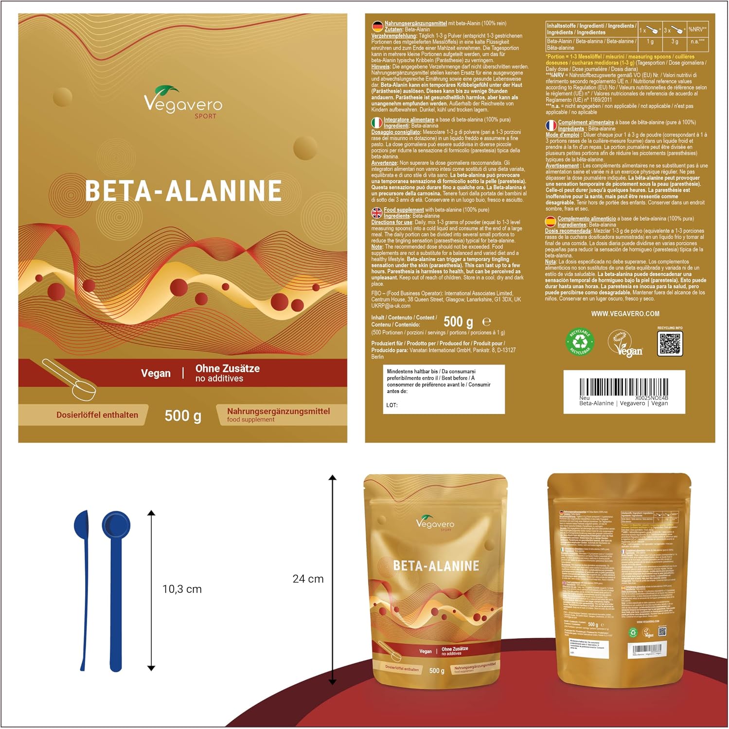Detalle 2 de Vegavero Bêta-alanine 500 g poudre pré-entraînement vegan 💊