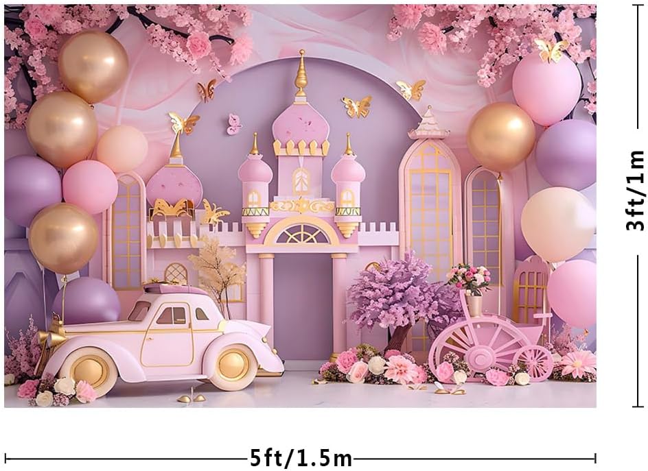 Thumbnail 2 de MEHOFOND 5x3ft Girl Birthday Photography Backdrop – Pink Balloon Castle & Flowers Studio Prop