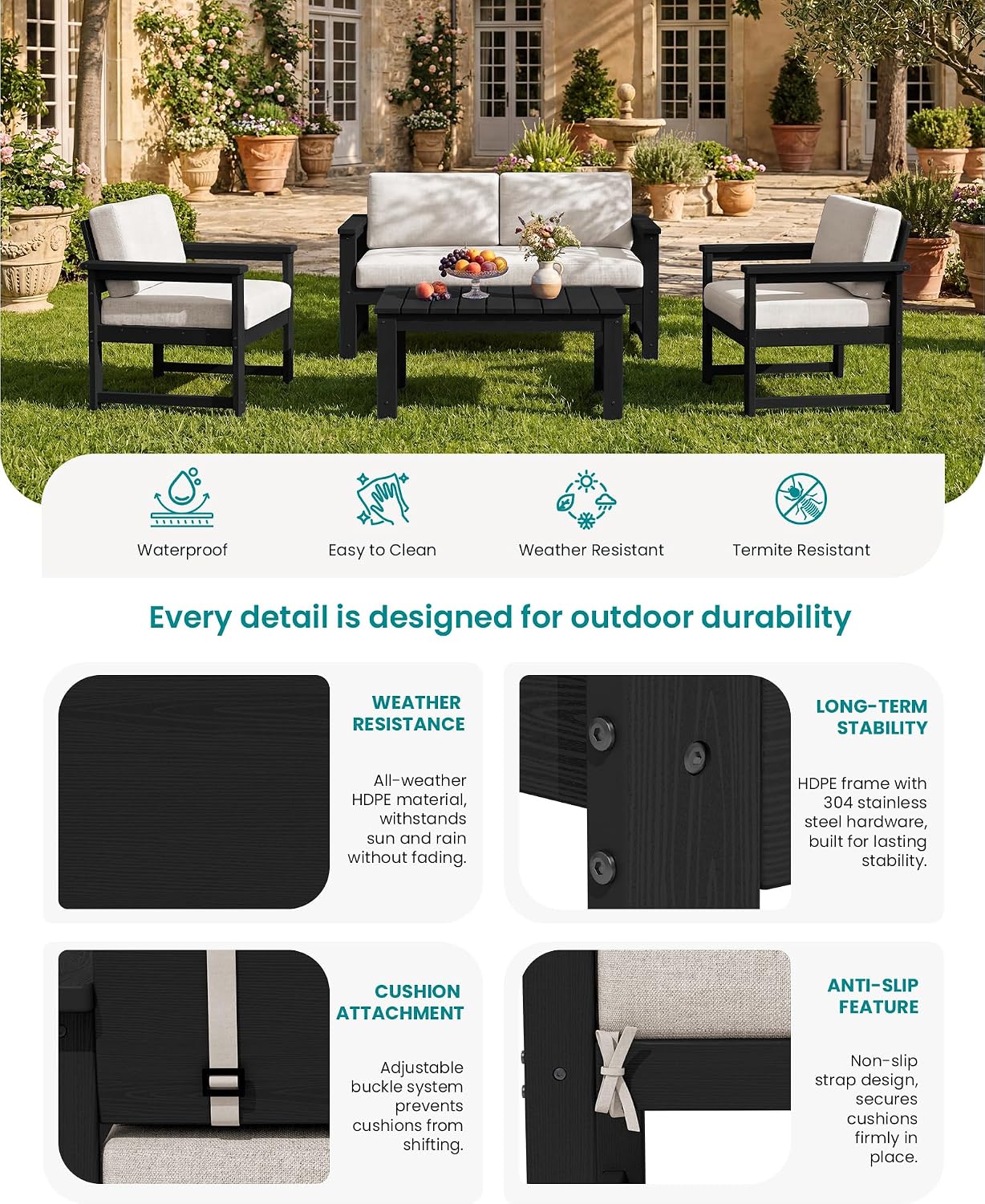 Thumbnail 4 de SERWALL A111-046 8-Piece HDPE Outdoor Sofa Set with Khaki Cushions