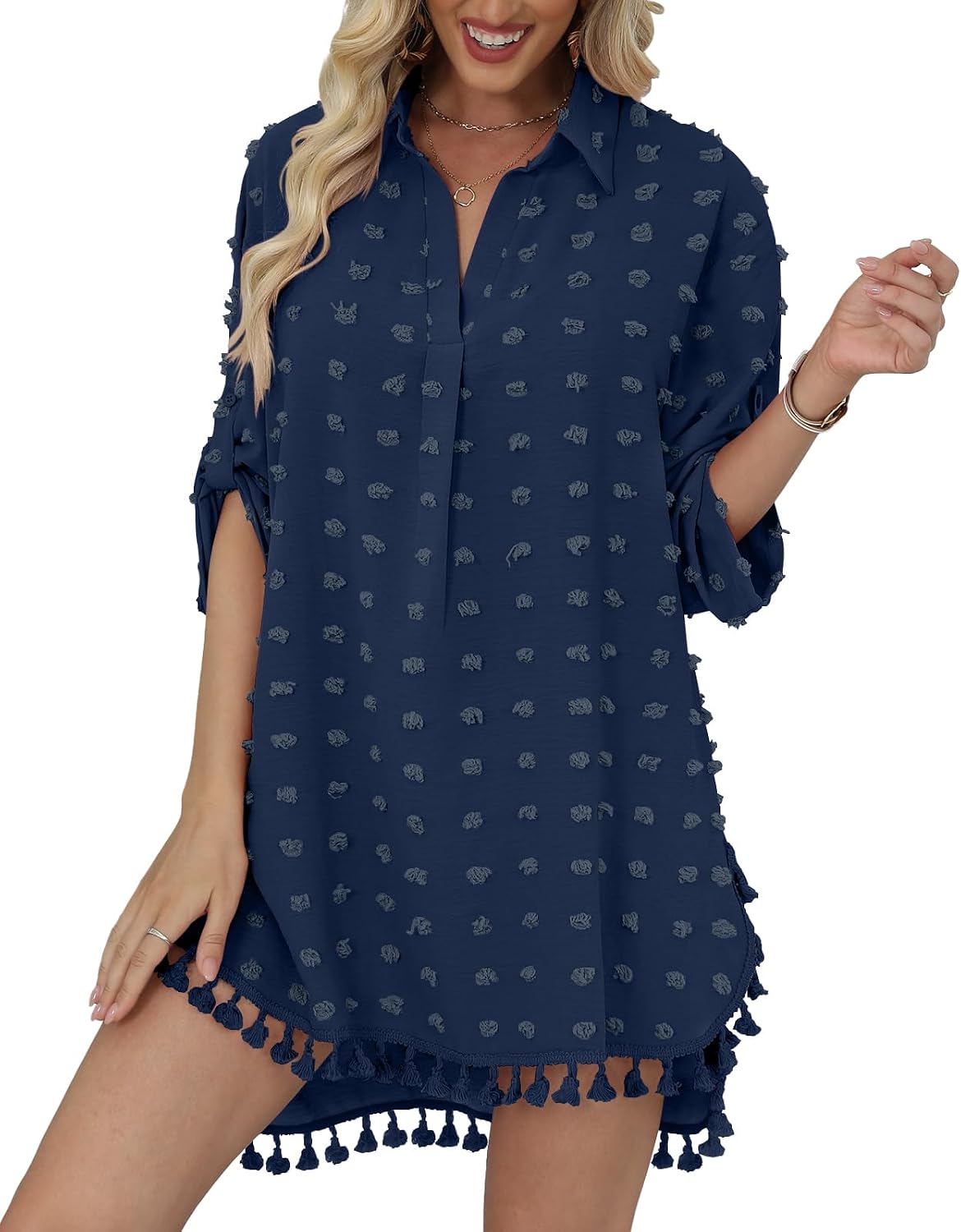 Detalle de Yincro Swimsuit Cover-Up Shirt Dress, Swiss-Dot Texture