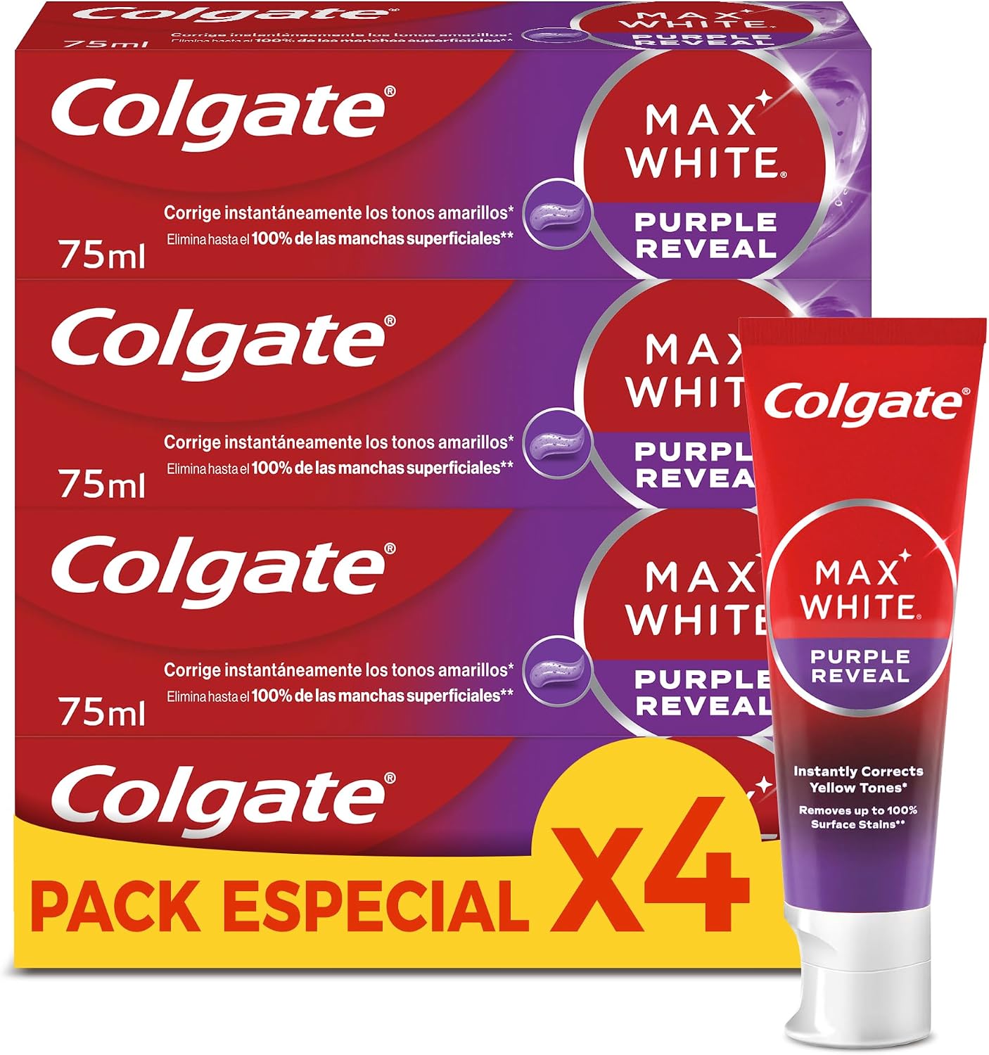 Detalle de Colgate Max White Purple Reveal Pasta blanqueadora 4 x 75 ml 🪥