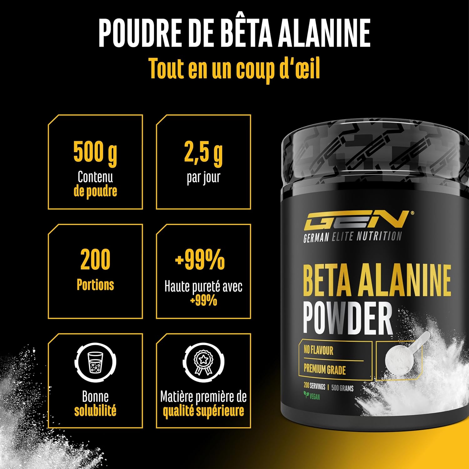 Thumbnail 1 de Bêta Alanine – 500 g Poudre Pure sans additifs, pureté >99% – Vegan – German Elite Nutrition
