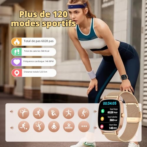 Detalle de coioc Montre Connectée Femme avec Fonction Téléphone – Écran HD 1,85 pouces, 120+ Modes Sportifs, IP68 & Détection FR, Monitor Sommeil