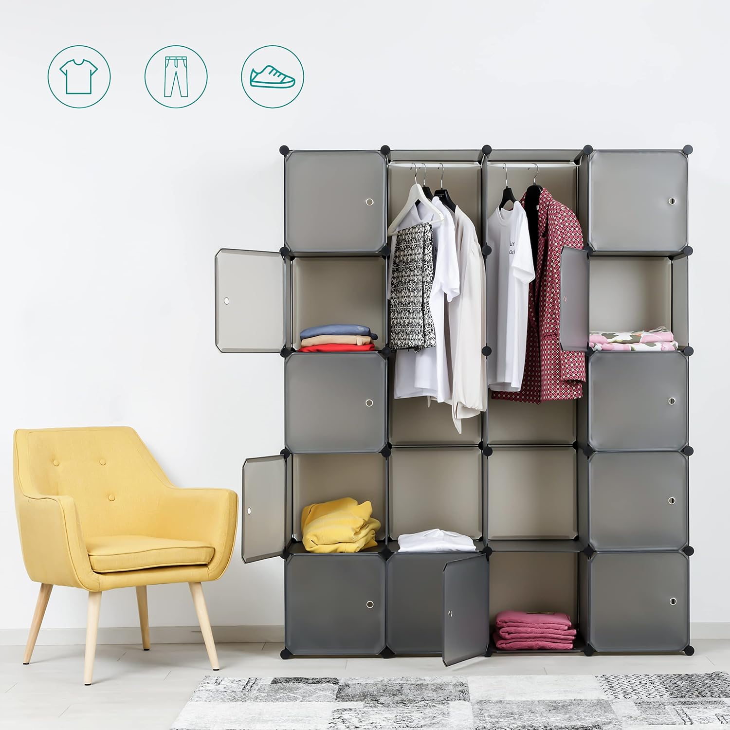 Thumbnail 3 de Baroni Home Armadio componibile Salva Spazio con 20 scomparti impilabili, grigio opaco 147x37x183 cm