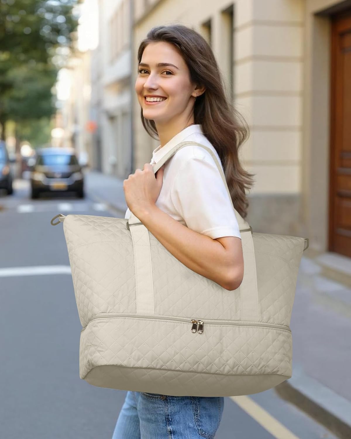 Detalle 2 de HOTOR women’s lightweight travel bag (beige) with shoe compartment and wash/toiletry bag, 34 x 45 x 20 cm