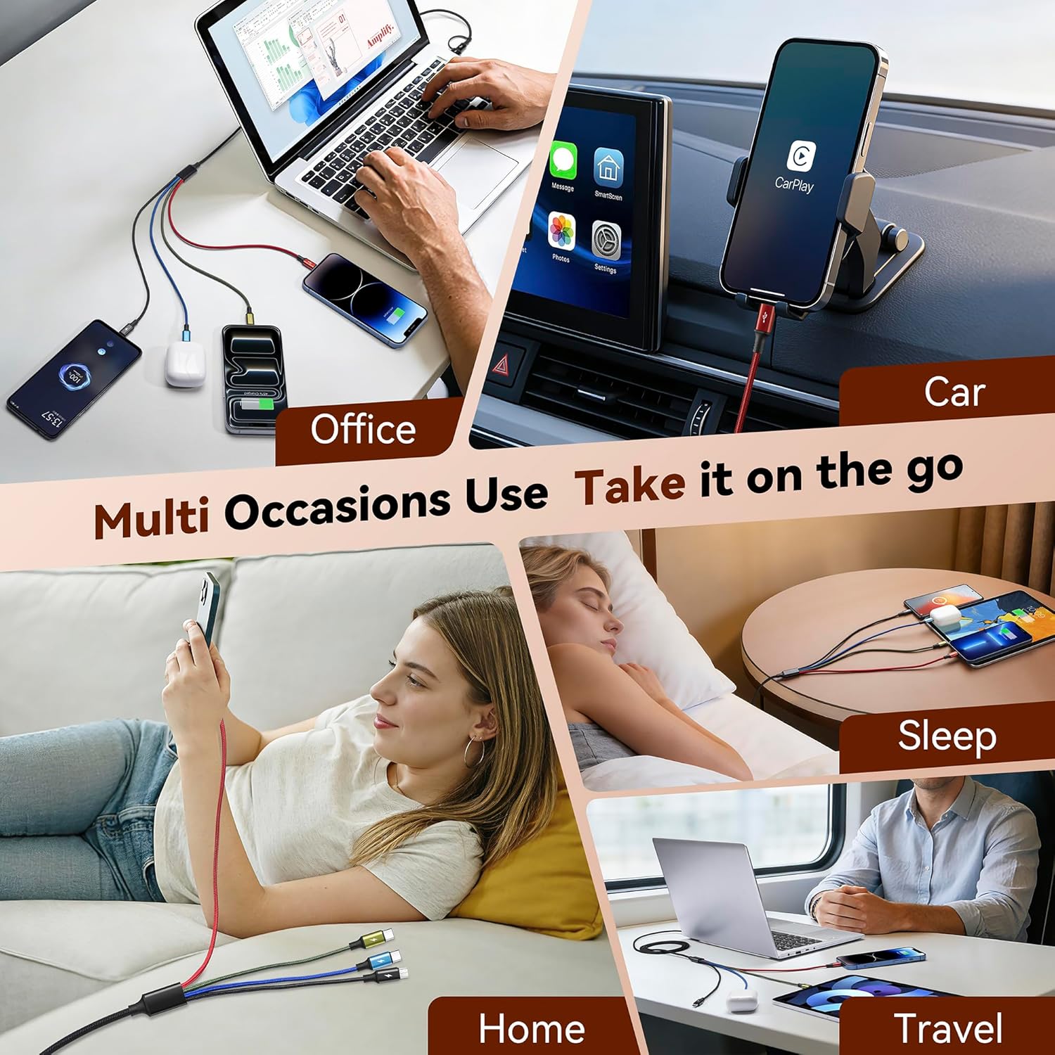 Detalle 2 de Minlu Dual USB-C Multi Charger Cable: 4-in-1 USB-C/A charging cable with 2 Type-C ports, Lightning and Micro USB