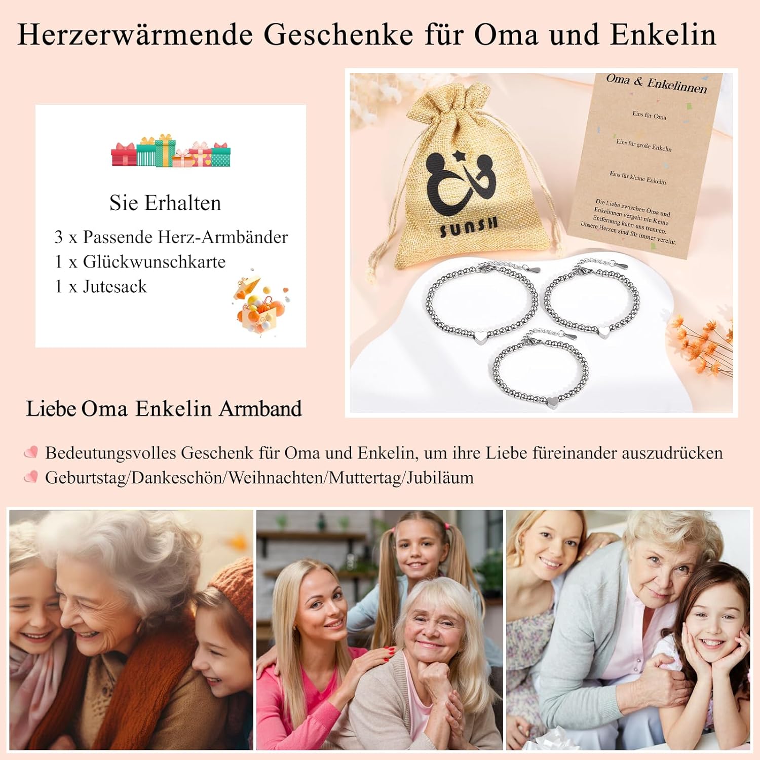 Thumbnail 4 de SUNSH Mutter-Tochter Armband Set – Herzmotiv, 2er/3er Pack, Größen 17+5 cm und 15+4 cm, hypoallergen, Schulanfang & Muttertags-Geschenk