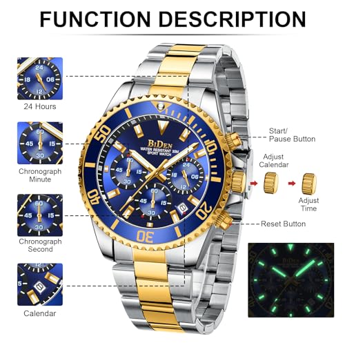 Detalle 2 de BIDEN Reloj de Pulsera para Hombre con Cronógrafo - Acero Inoxidable, Oro Azul B
