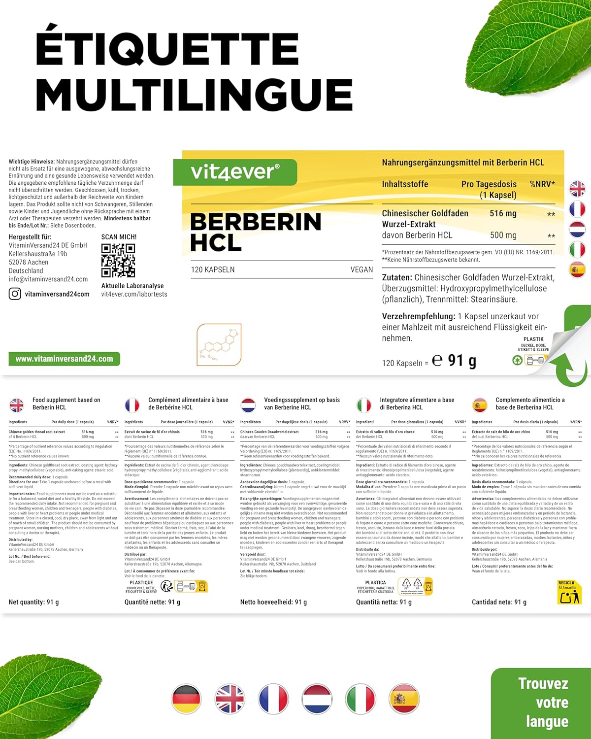 Thumbnail 5 de Vit4ever Extrait de Berbérine HCL 500 mg (120 capsules végétaliennes)