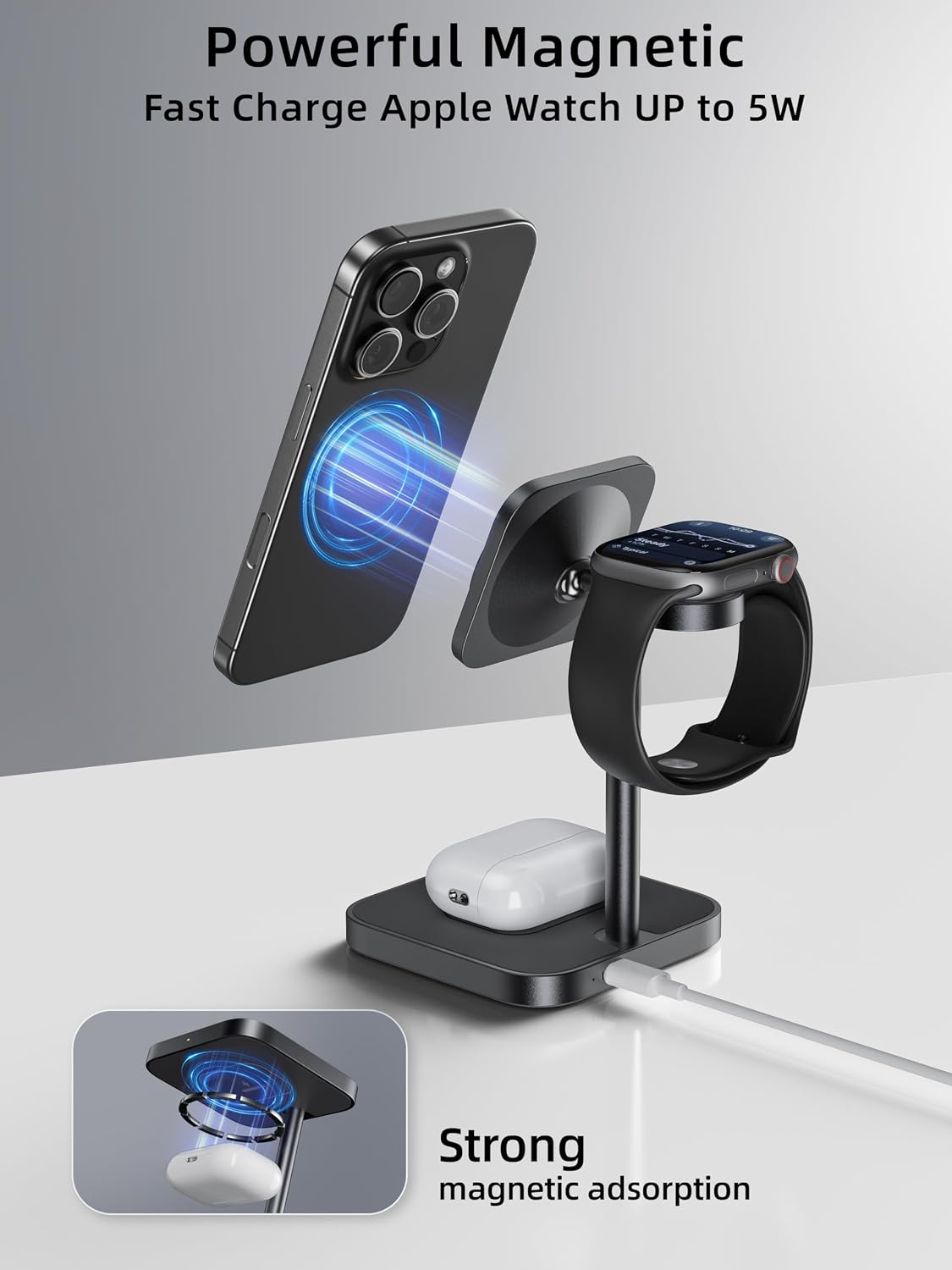 Detalle de LULULOOK Qi2 3-in-1 MagSafe Ladestation aus Aluminium – Schnellladen für iPhone, AirPods und Apple Watch