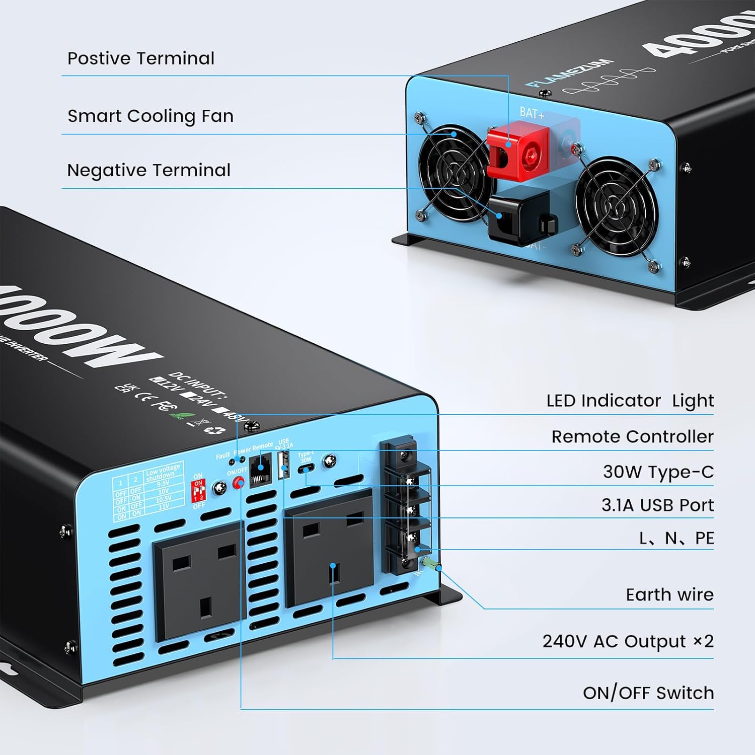 Detalle de Pure sine wave inverter 4000W/8000W (12V to 240V) with LCD wired remote, AC outlets and USB-A/USB-C