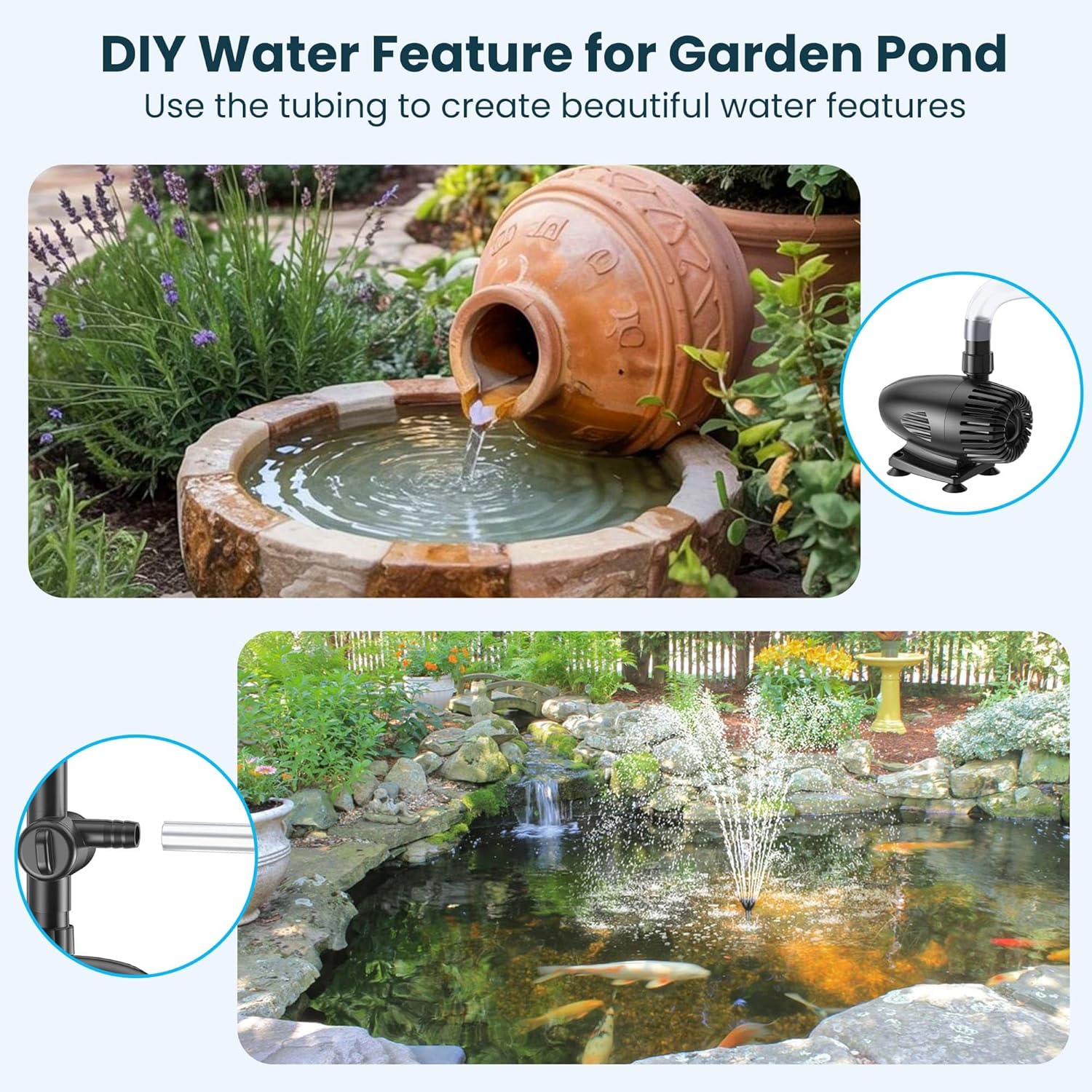 Detalle de Biling 50W Solar Water Fountain with 2100L/H Pump, 3 Nozzles and 8m Cable for Large Garden Ponds