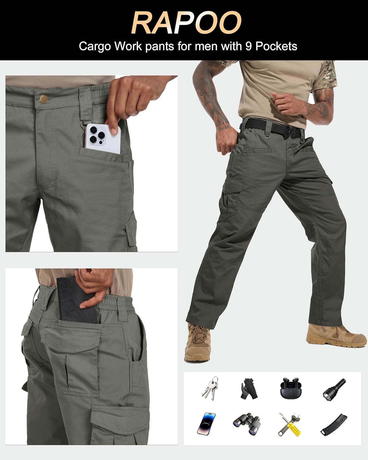 Thumbnail 4 de Rapoo Tactical Ripstop Pants for Men with 9 Pockets and Water-Repellent Finish