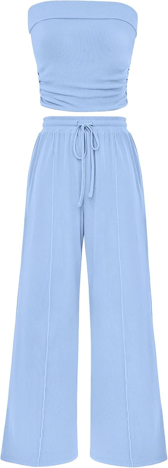 Detalle de PRETTYGARDEN Womens Summer 2-Piece Knit Set: Ribbed Tube Top + Wide-Leg Pants