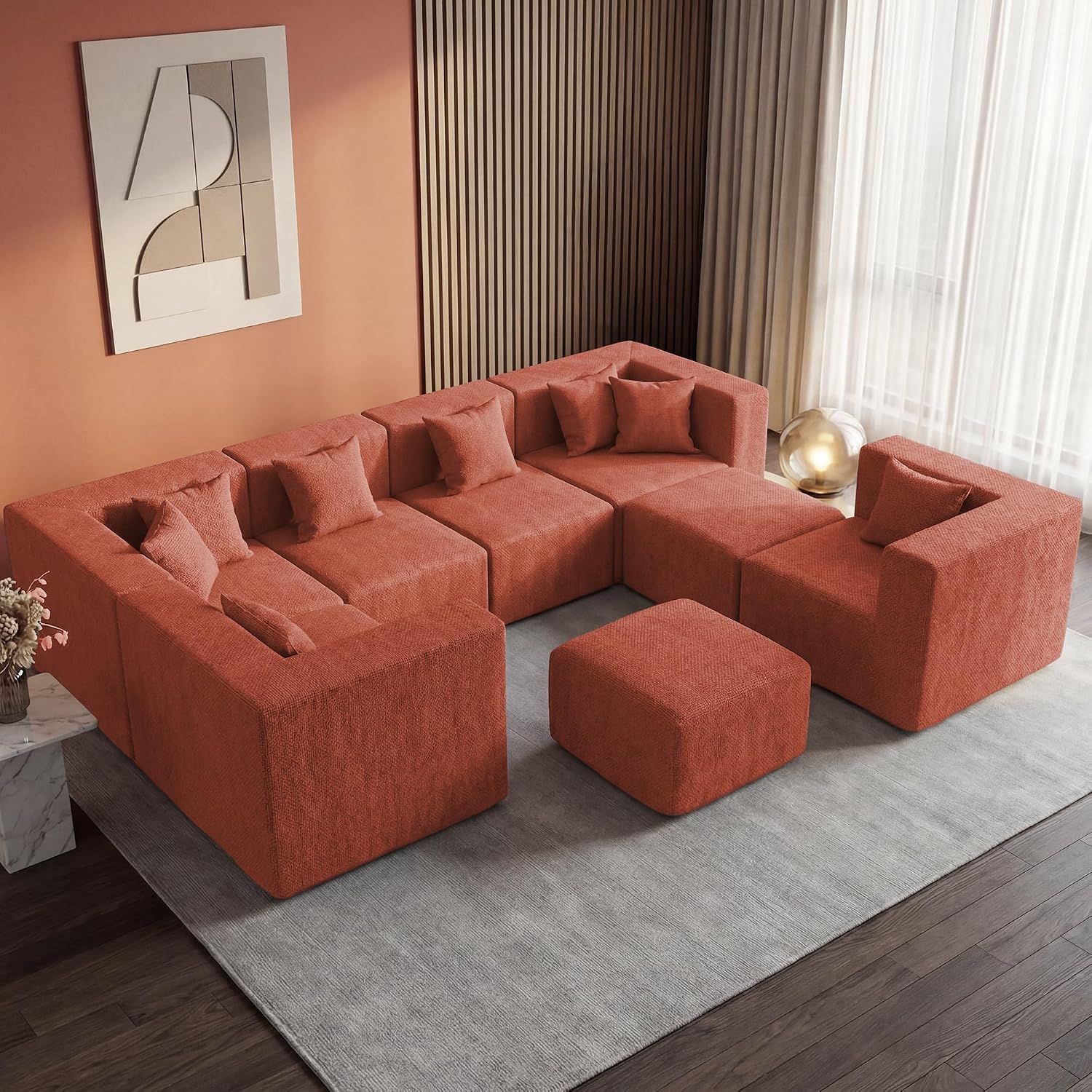 Detalle de MONVANE Modular Sectional Sofa, 8-Seat U-Shaped Chenille Couch, Rust Red