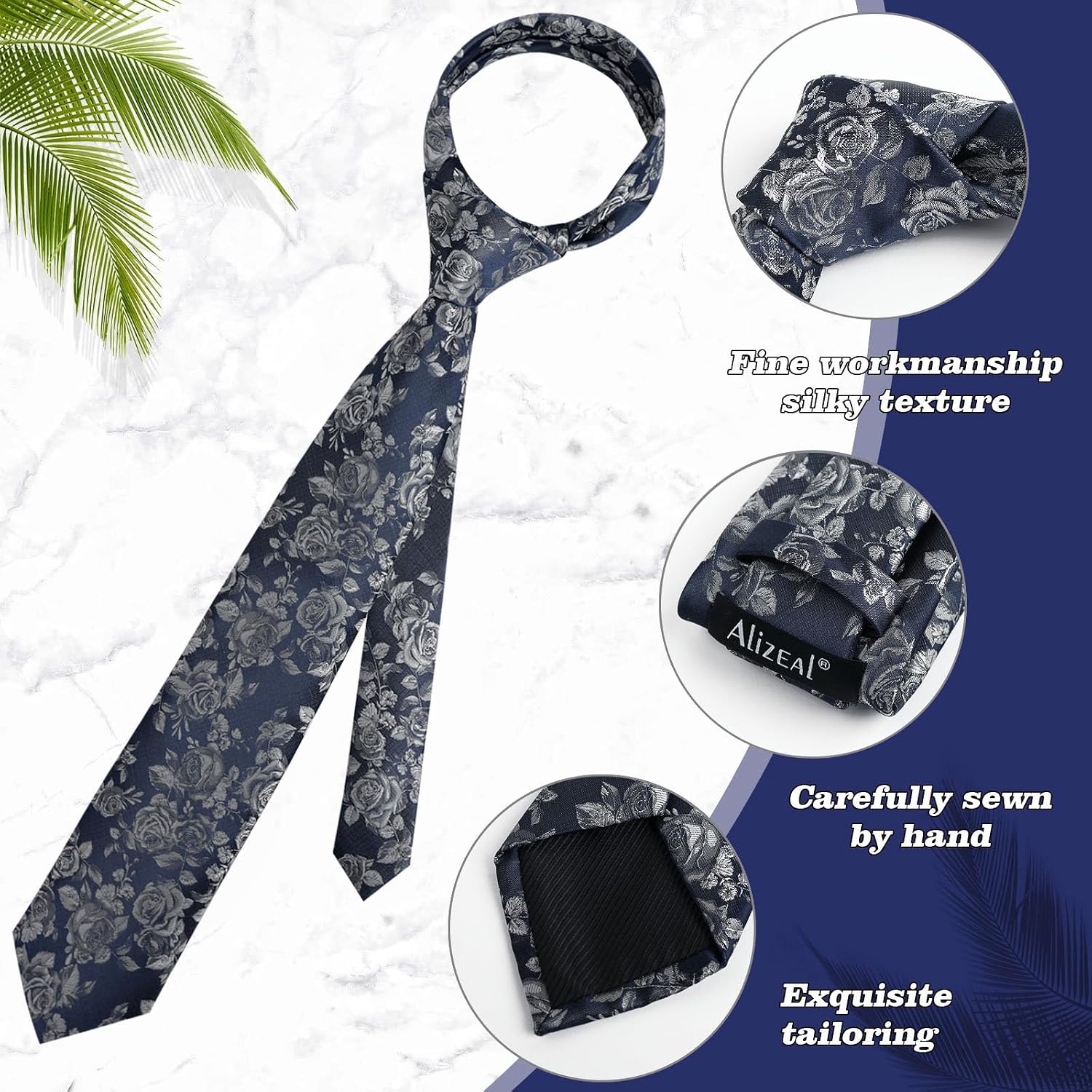 Detalle de Alizeal Floral Necktie and Hanky Set for Men – Lightweight Polyester with Matching Pocket Square