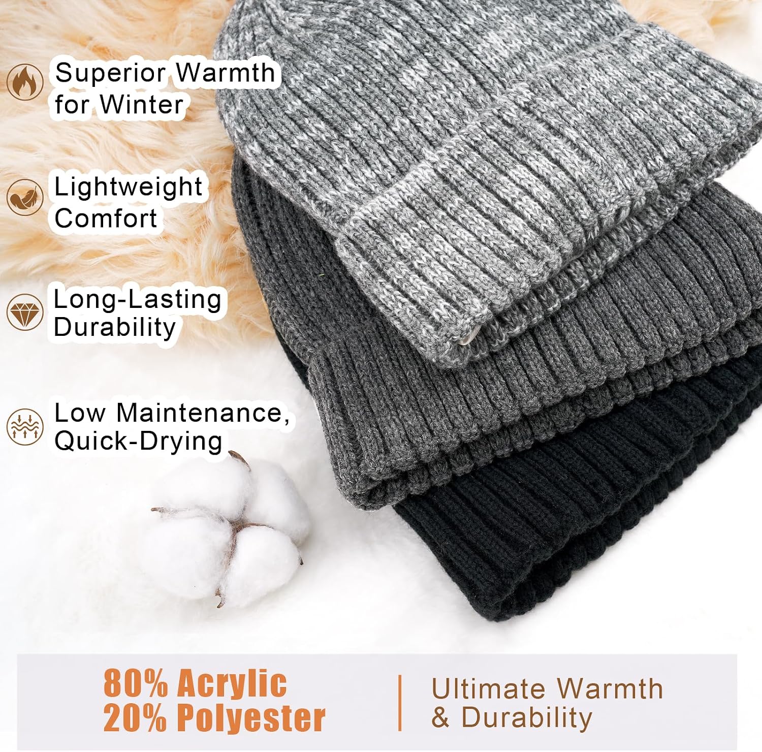 Detalle 2 de DRESHOW Satin Lined Beanie Hats for Women and Men – Soft, Warm Knit with Silk Satin Lining (3-Pack)