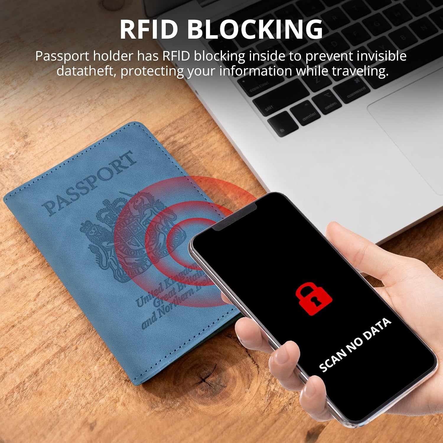 Detalle de Cinocratic RFID-Blocking Passport Holder: PU Leather Blue Wallet for Travel