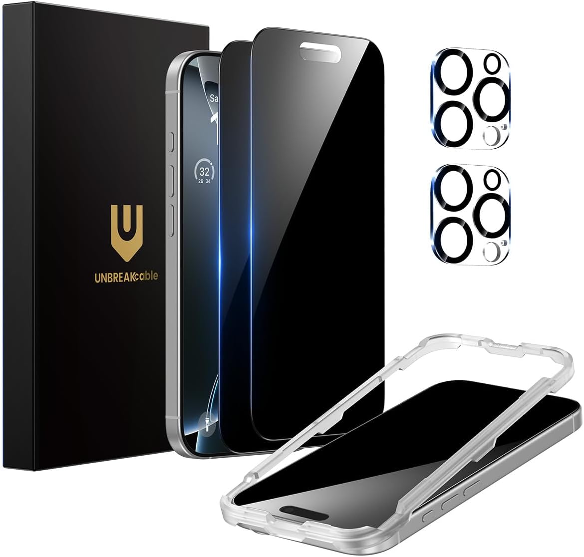 Detalle de UNBREAKcable Privacy Screen Protector for iPhone 16 Pro Max (6.9-inch) — 2-Pack + 2 Lens Protectors, 25° Anti-Spy Tempered Glass