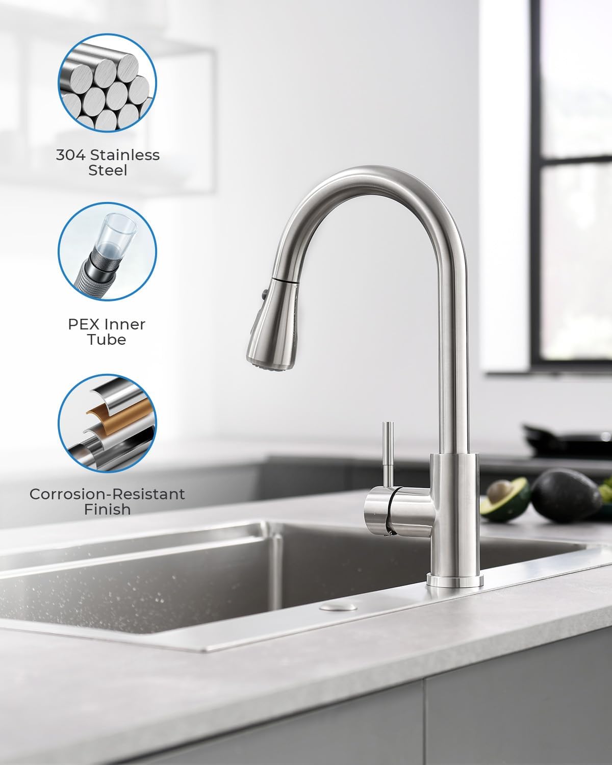 Detalle de VFAUOSIT 06STV Kitchen Faucet with Pull-Down Sprayer, Brushed Nickel