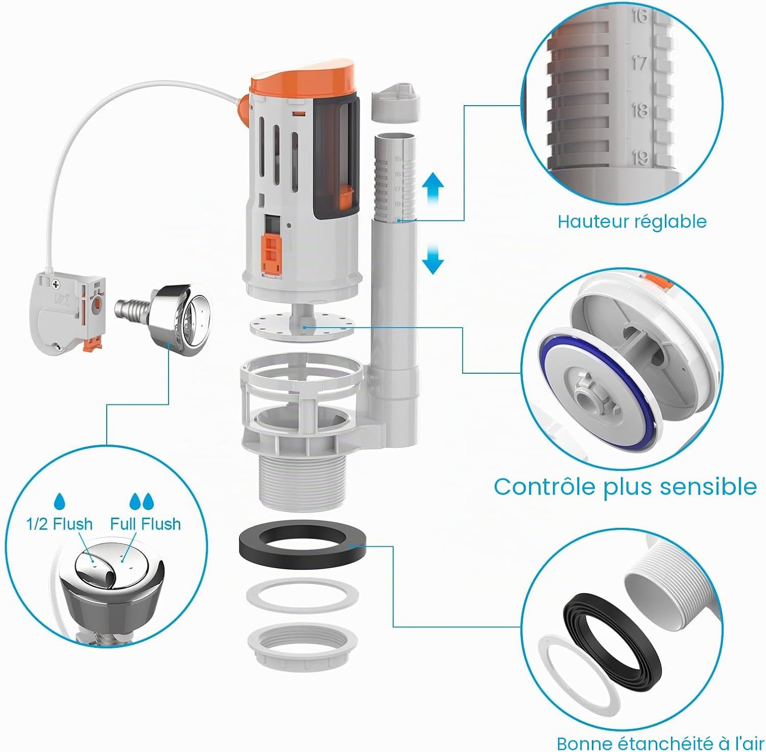 Detalle de Ibergrif M20522 – Mécanisme WC avec 2 Boutons de Chasse, compatible réservoirs 2 pouces (Φ59-61 mm)