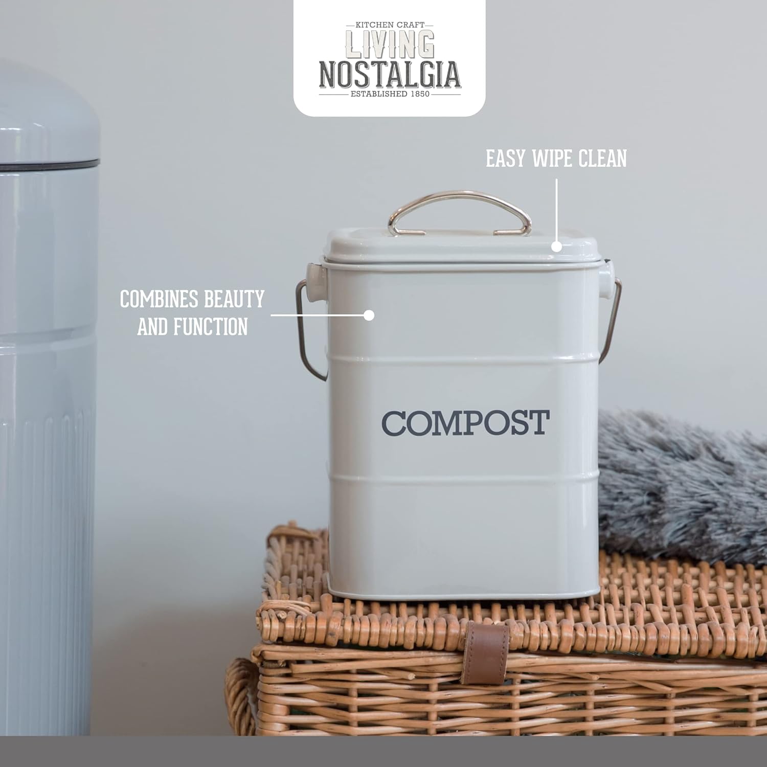 Detalle de KitchenCraft Living Nostalgia Poubelle à compost métal, French Grey – 3 L, 16,5 × 12 × 24 cm