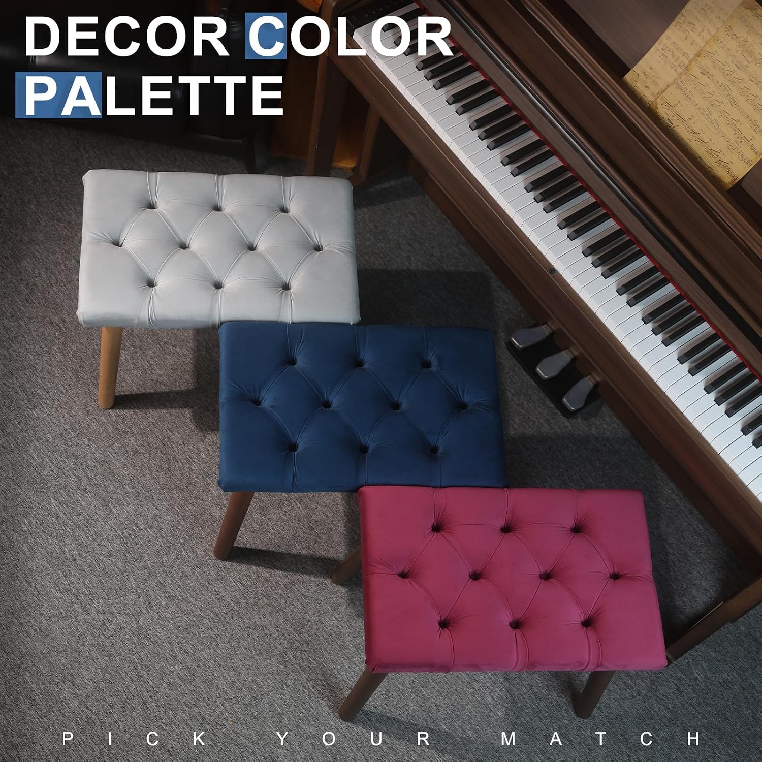 Thumbnail 6 de AKLOT Piano Bench, Velvet Upholstery, Rubberwood Legs, 300-Pound Capacity