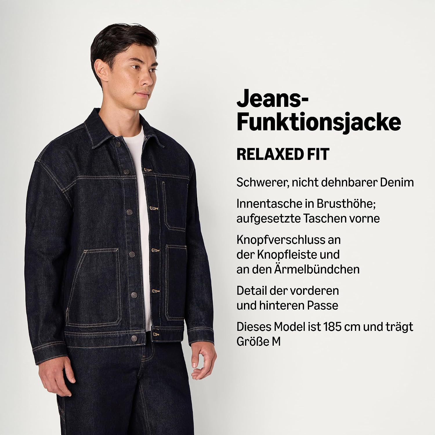 Detalle de Amazon Essentials Herren Relaxed-Fit Utility-Jacke aus festerem Denim