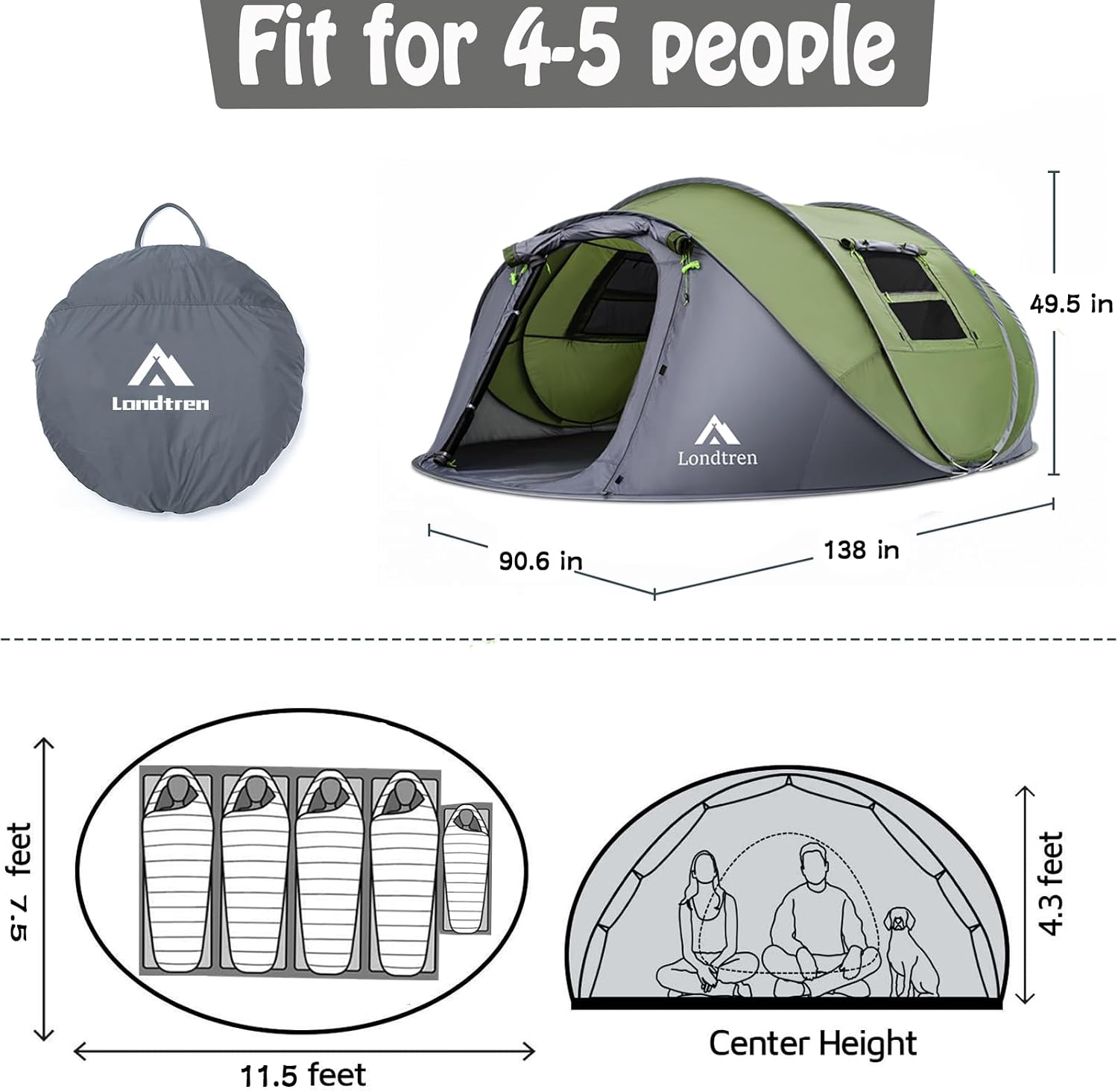 Thumbnail 1 de Londtren Camping Tent, 4-Person Pop-Up with Two Doors and Vestibule