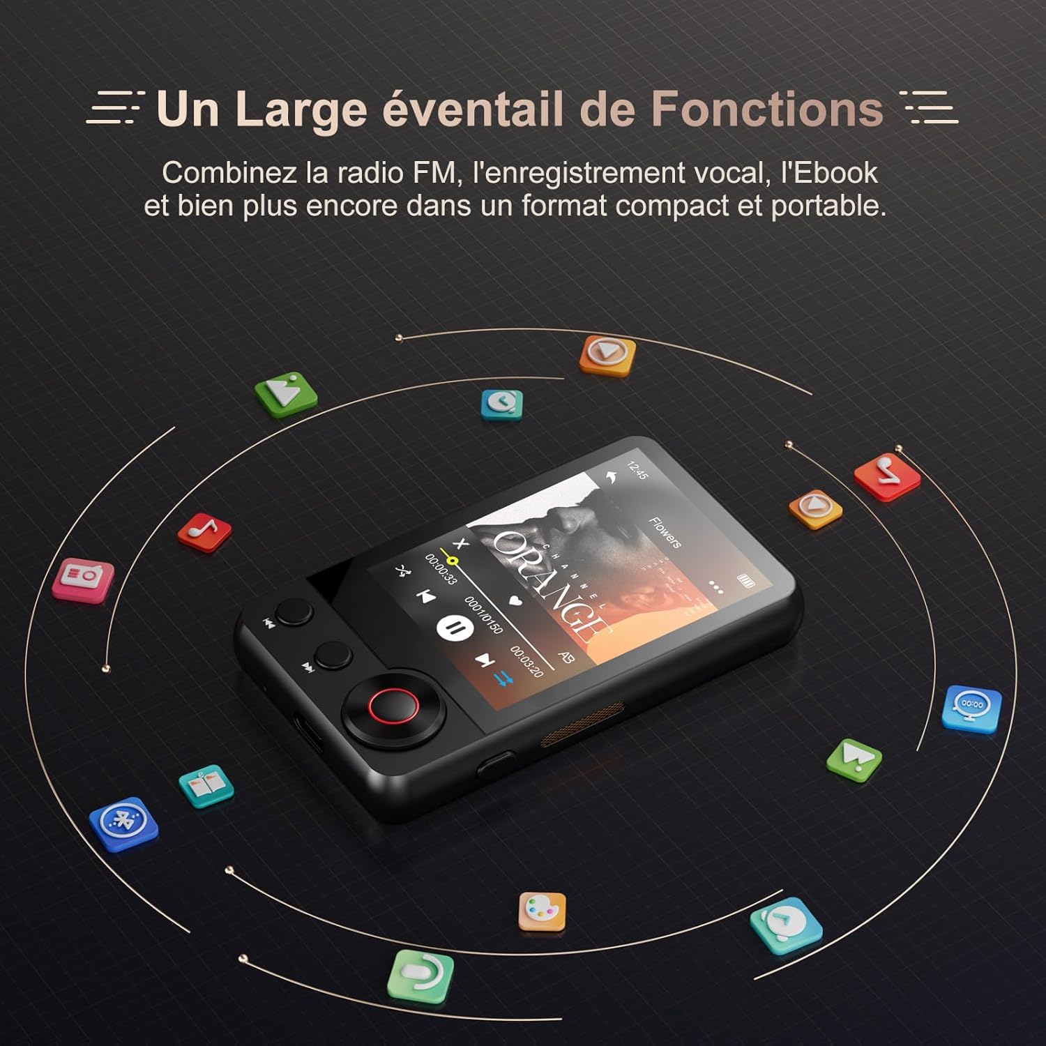Detalle de MECHEN Lecteur MP3 Bluetooth 128 Go – Écran tactile 2,4", USB-C, FM, Enregistrement et plus