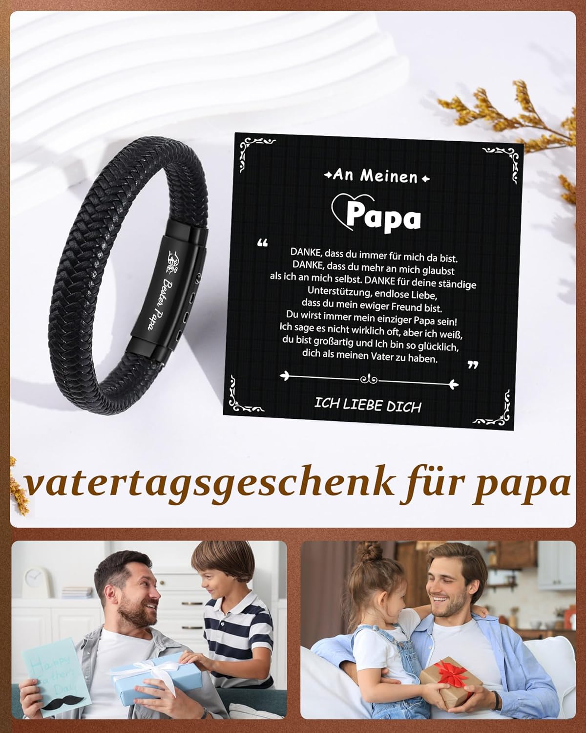 Thumbnail 5 de CheersLife „Ich Liebe Dich“ Lederarmband mit „Bester Papa“-Gravur – Geschenk für Papa von Sohn/Tochter