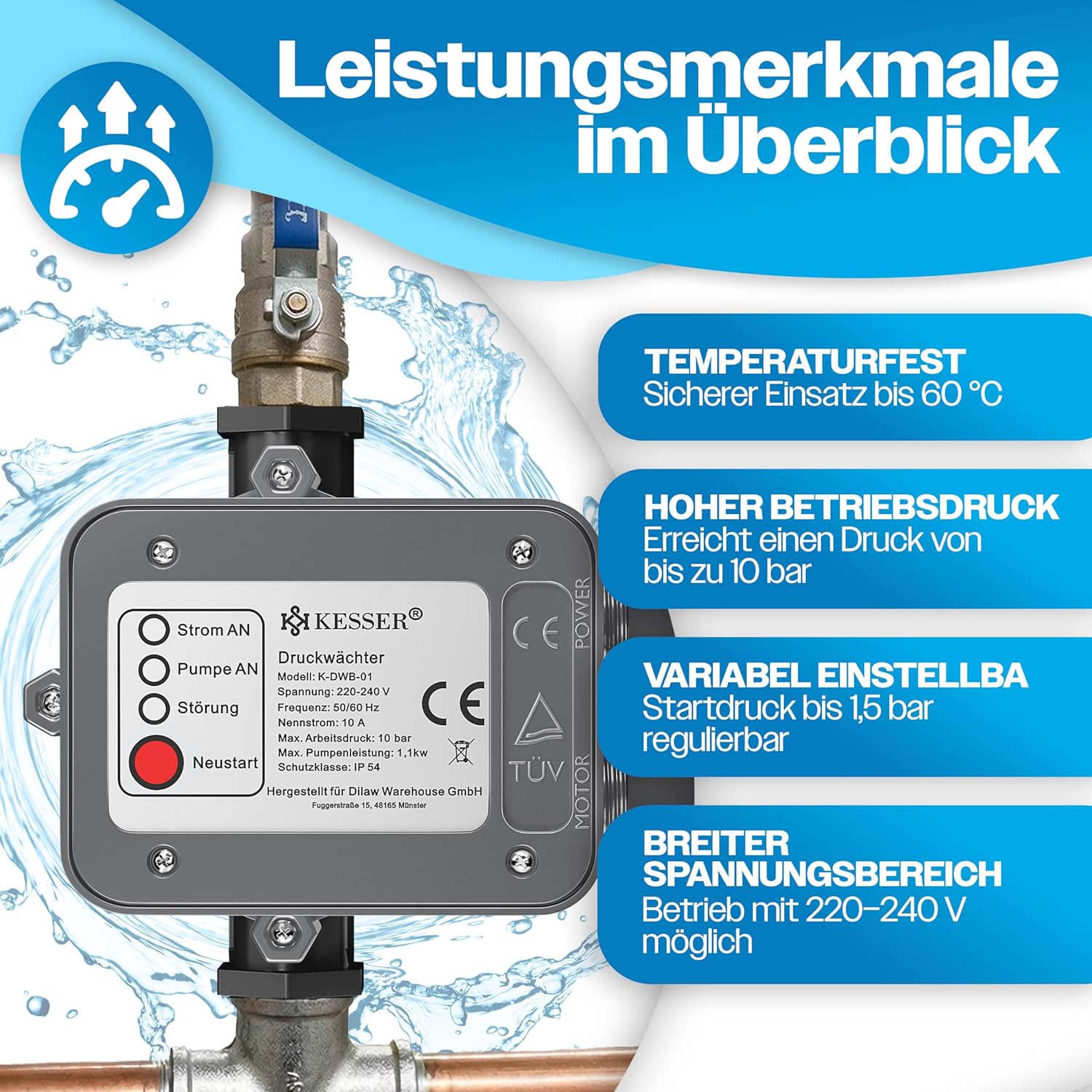 Detalle de KESSER Druckwächter Druckschalter | 10 bar Pumpensteuerung für Hauswasserwerk und Gartenbewässerung