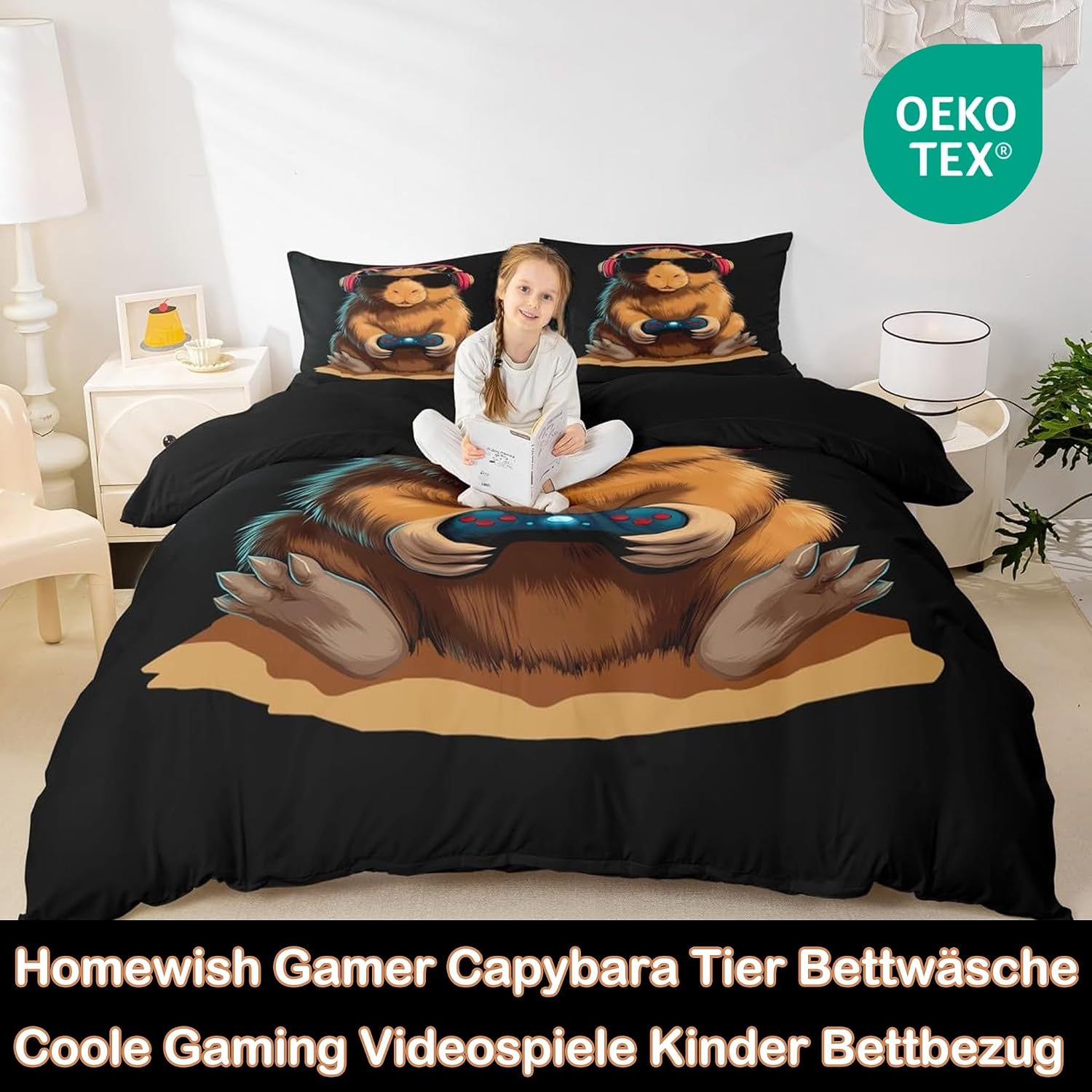 Detalle 2 de Homewish Gaming Capybara Bettwäsche-Set 200x200 cm – Capybara & Gaming Design, 2 Kissenbezüge 80x80 cm