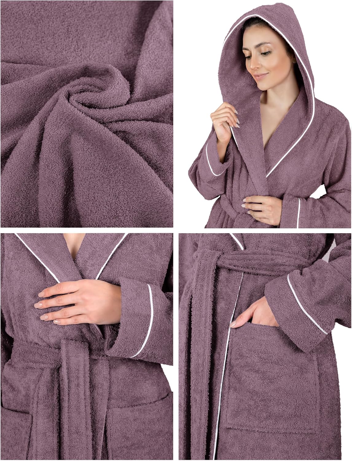 Detalle de LAYNENBURG Damen-Bademantel aus Frottee mit Kapuze, 100% Baumwolle (360 g/m²) – lang & OEKO-TEX für S–3XL